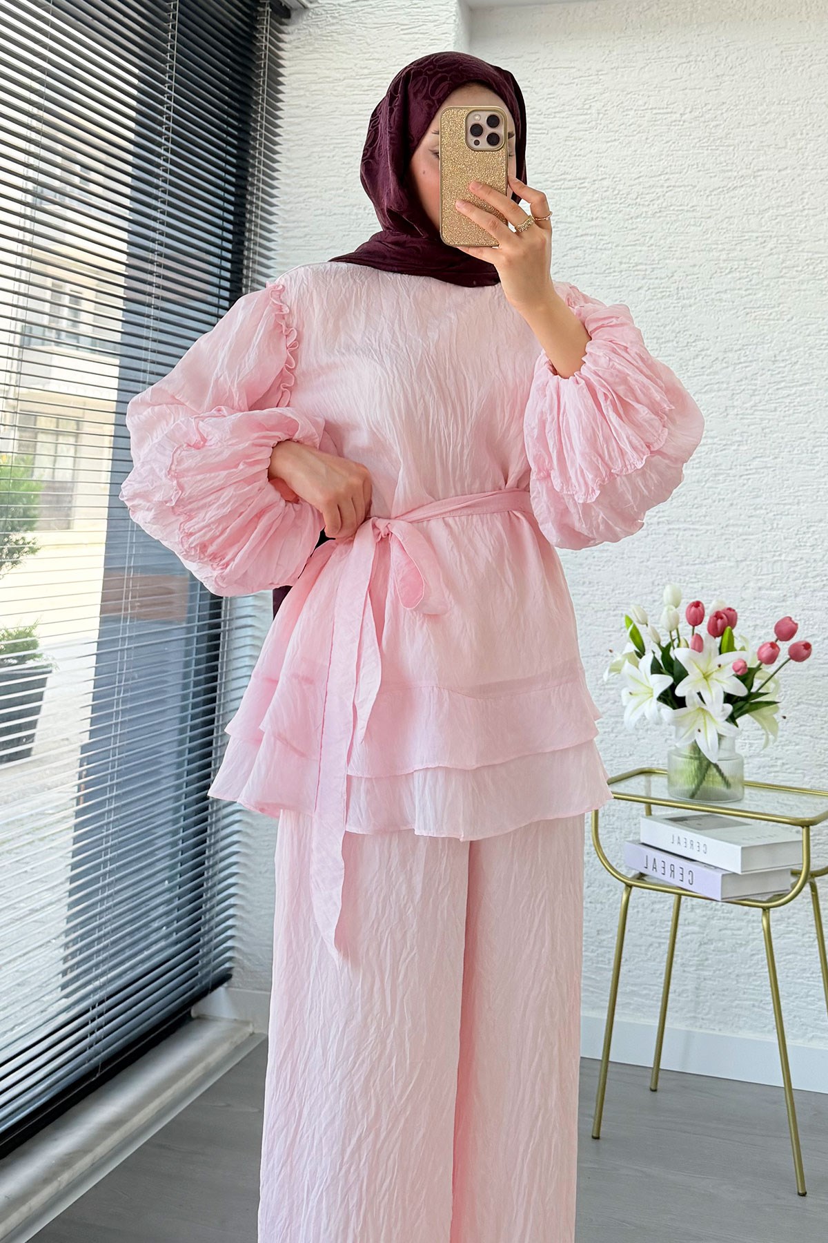 Premium Fırfır Detaylı Tül Modal İkili Takım - Pembe