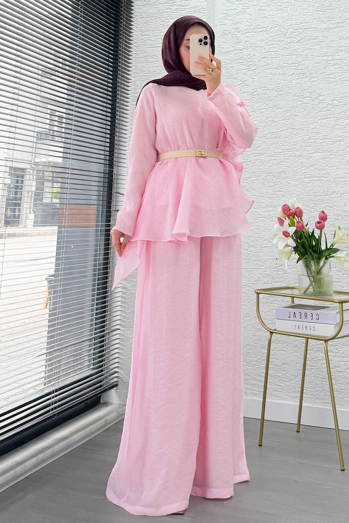 Premium Fırfır Detaylı Vual Pantolon Takım - Pembe