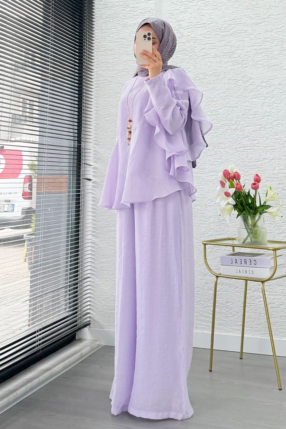 Premium Fırfır Detaylı Vual Pantolon Takım - Lila