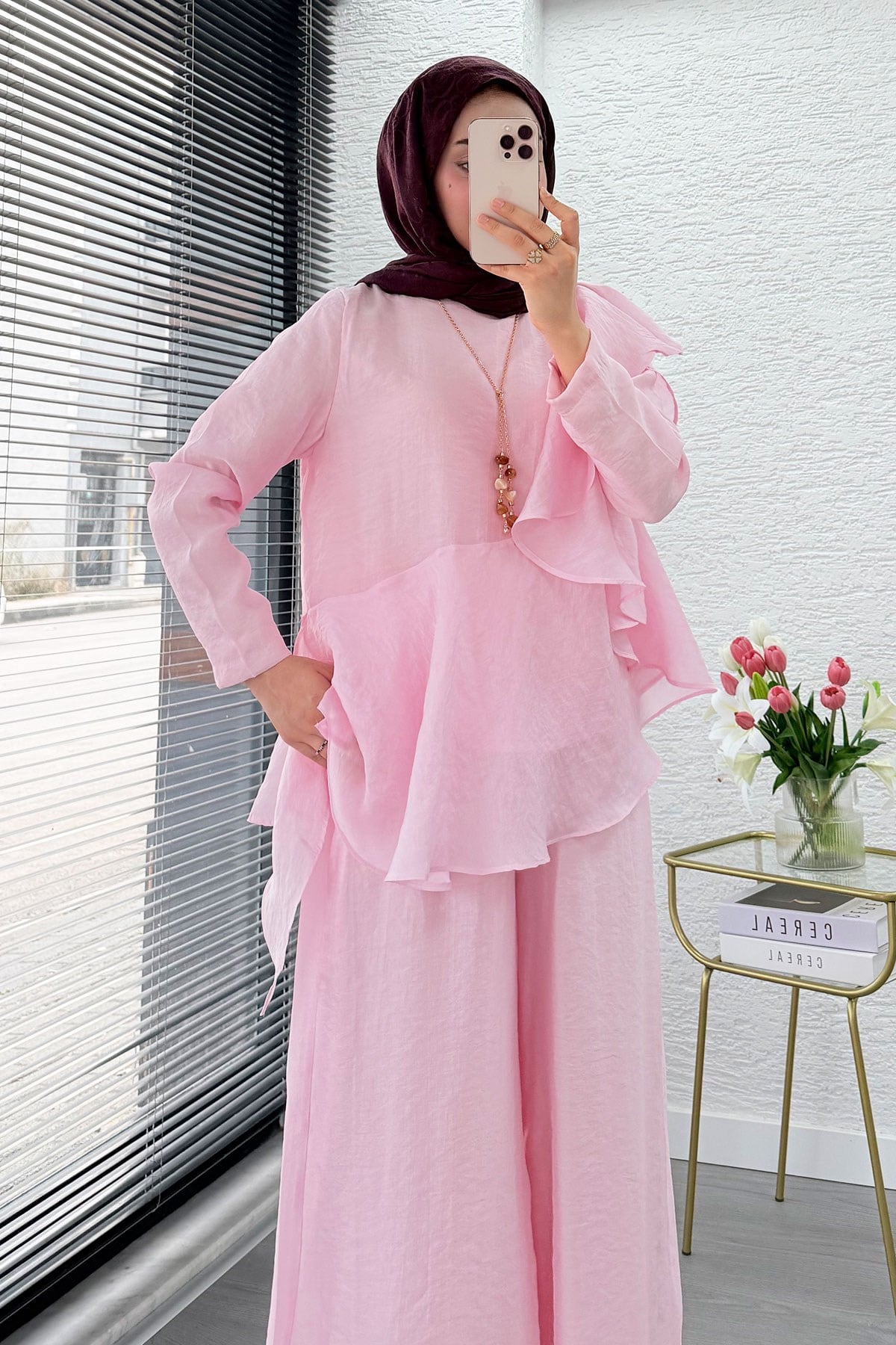 Premium Fırfır Detaylı Vual Pantolon Takım - Pembe