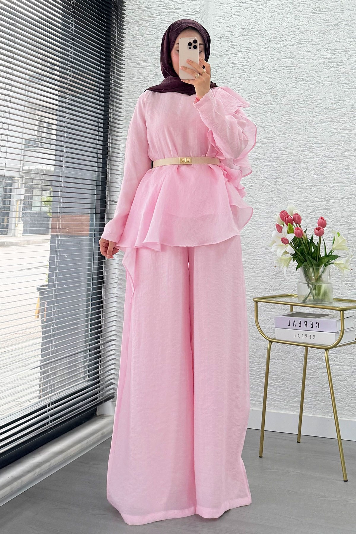 Premium Fırfır Detaylı Vual Pantolon Takım - Pembe