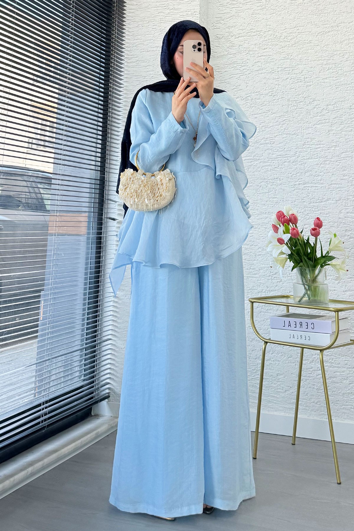Premium Fırfır Detaylı Vual Pantolon Takım - Mavi