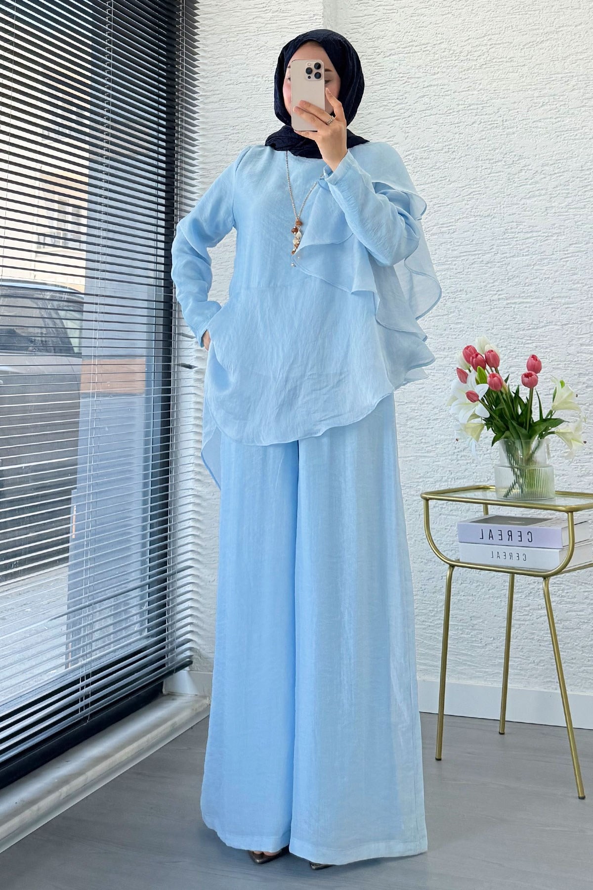 Premium Fırfır Detaylı Vual Pantolon Takım - Mavi
