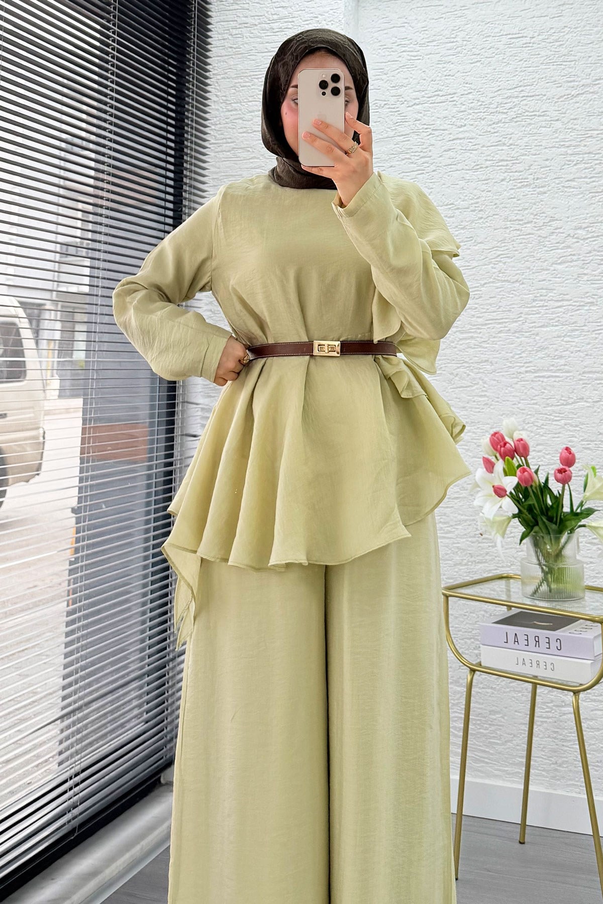Premium Fırfır Detaylı Vual Pantolon Takım - Çağla Yeşili