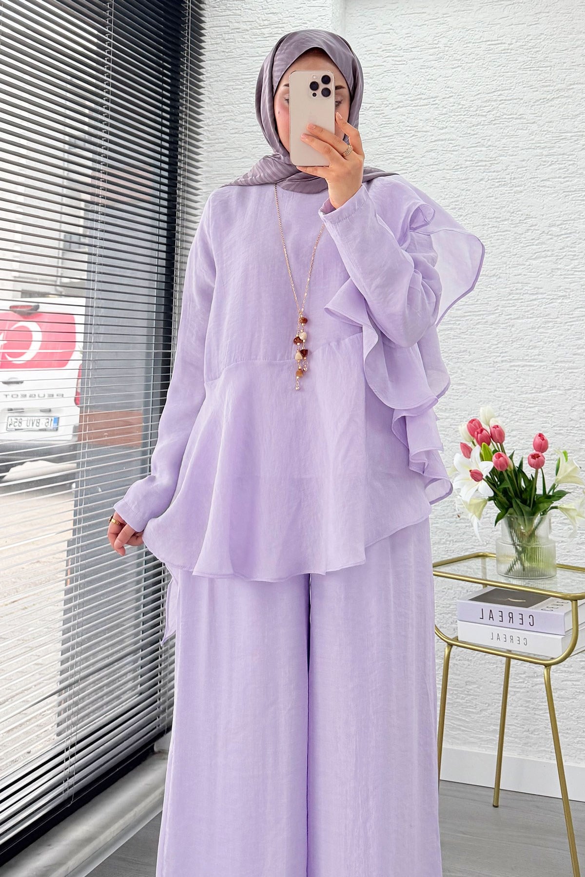 Premium Fırfır Detaylı Vual Pantolon Takım - Lila
