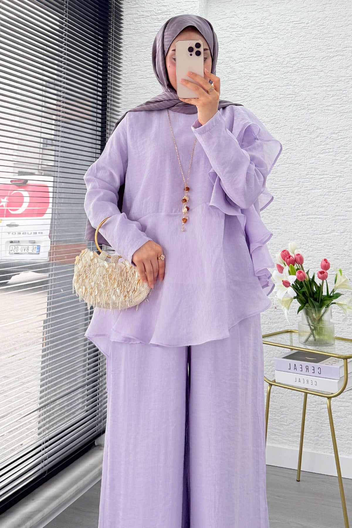 Premium Fırfır Detaylı Vual Pantolon Takım - Lila