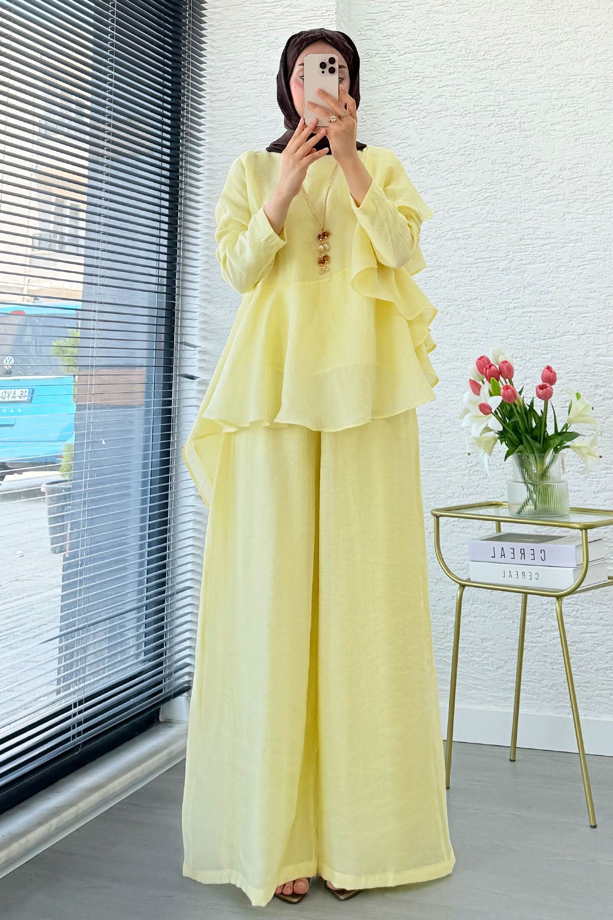 Premium Fırfır Detaylı Vual Pantolon Takım - Sarı