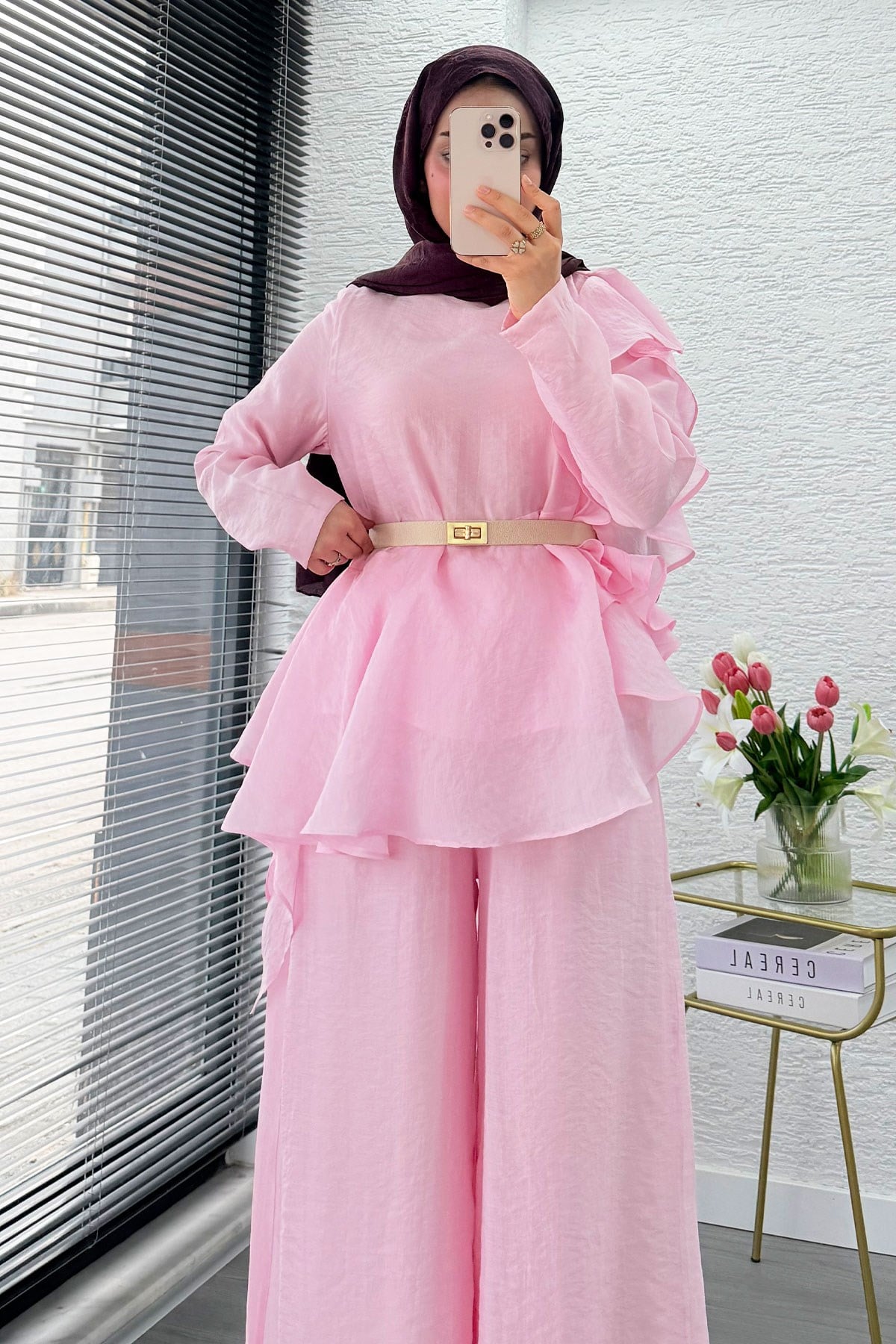Premium Fırfır Detaylı Vual Pantolon Takım - Pembe