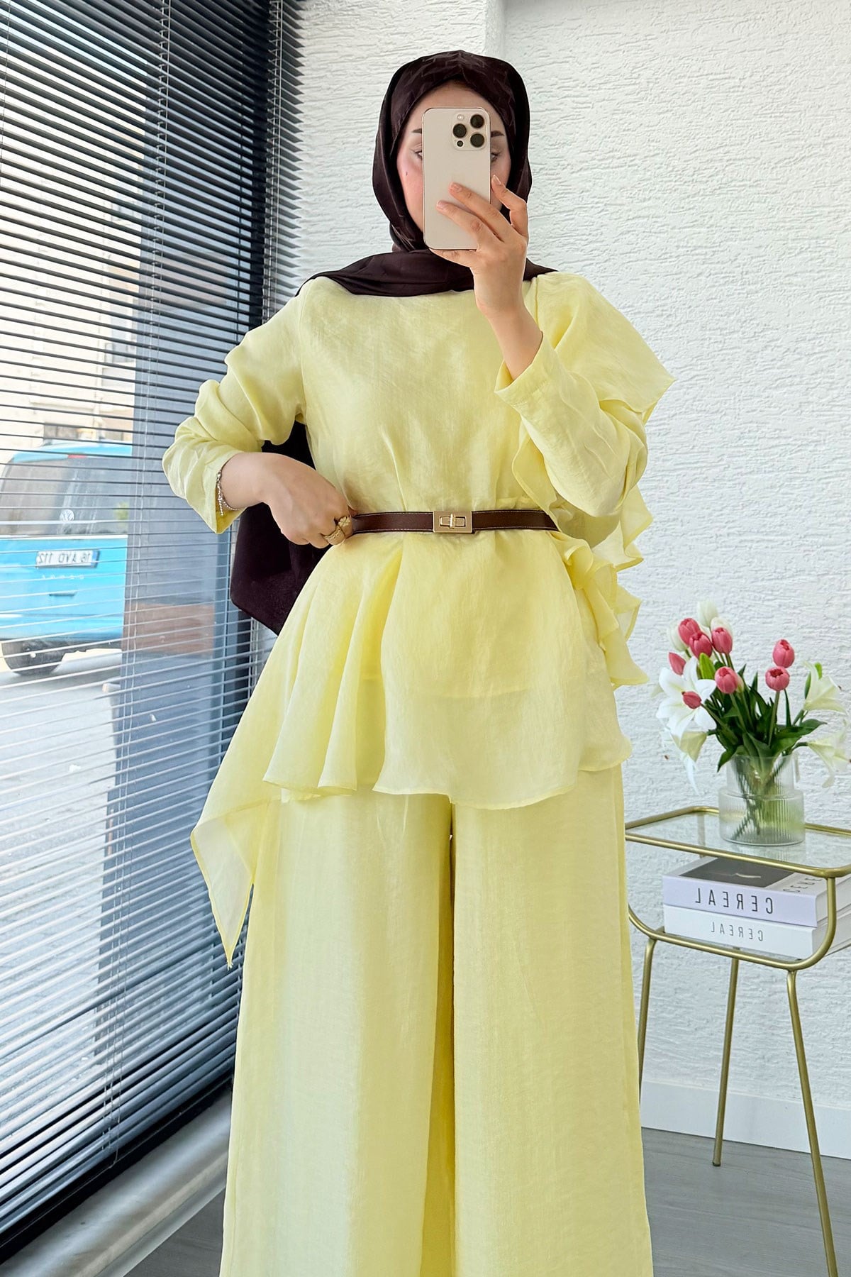 Premium Fırfır Detaylı Vual Pantolon Takım - Sarı