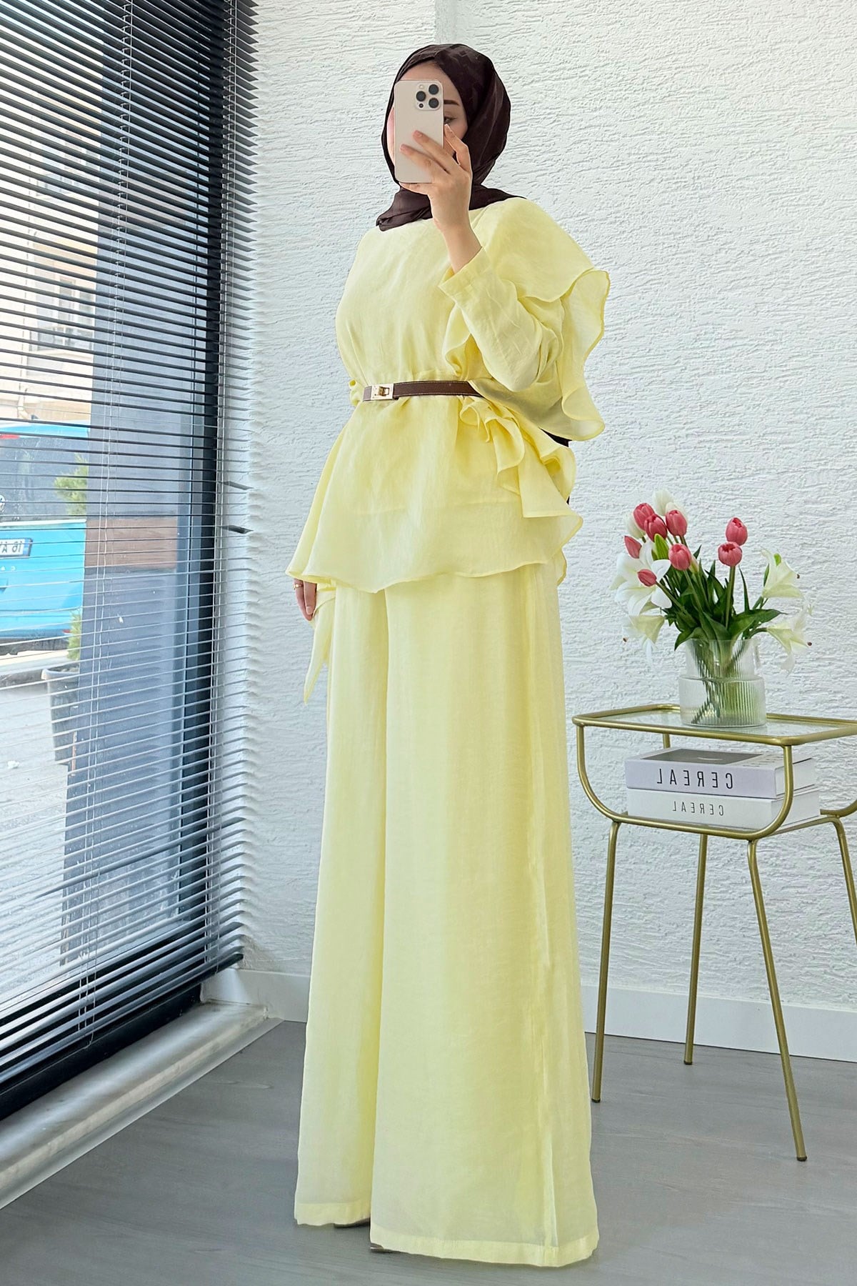 Premium Fırfır Detaylı Vual Pantolon Takım - Sarı