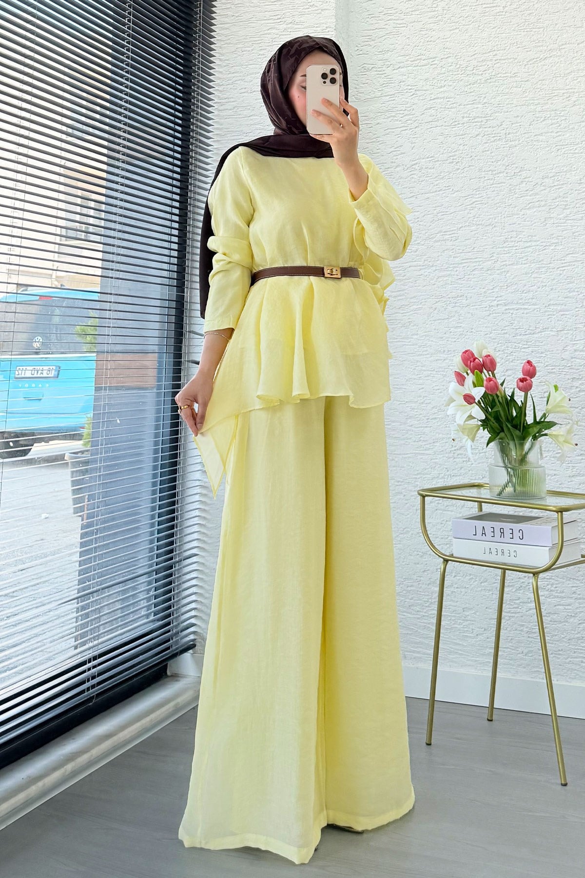 Premium Fırfır Detaylı Vual Pantolon Takım - Sarı