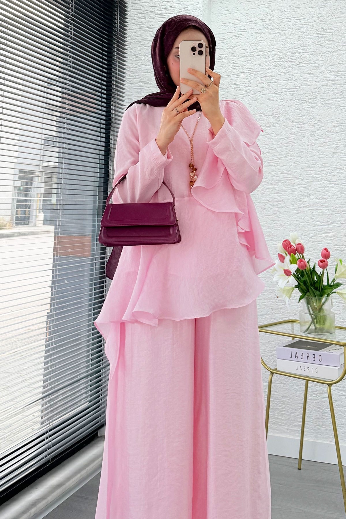 Premium Fırfır Detaylı Vual Pantolon Takım - Pembe