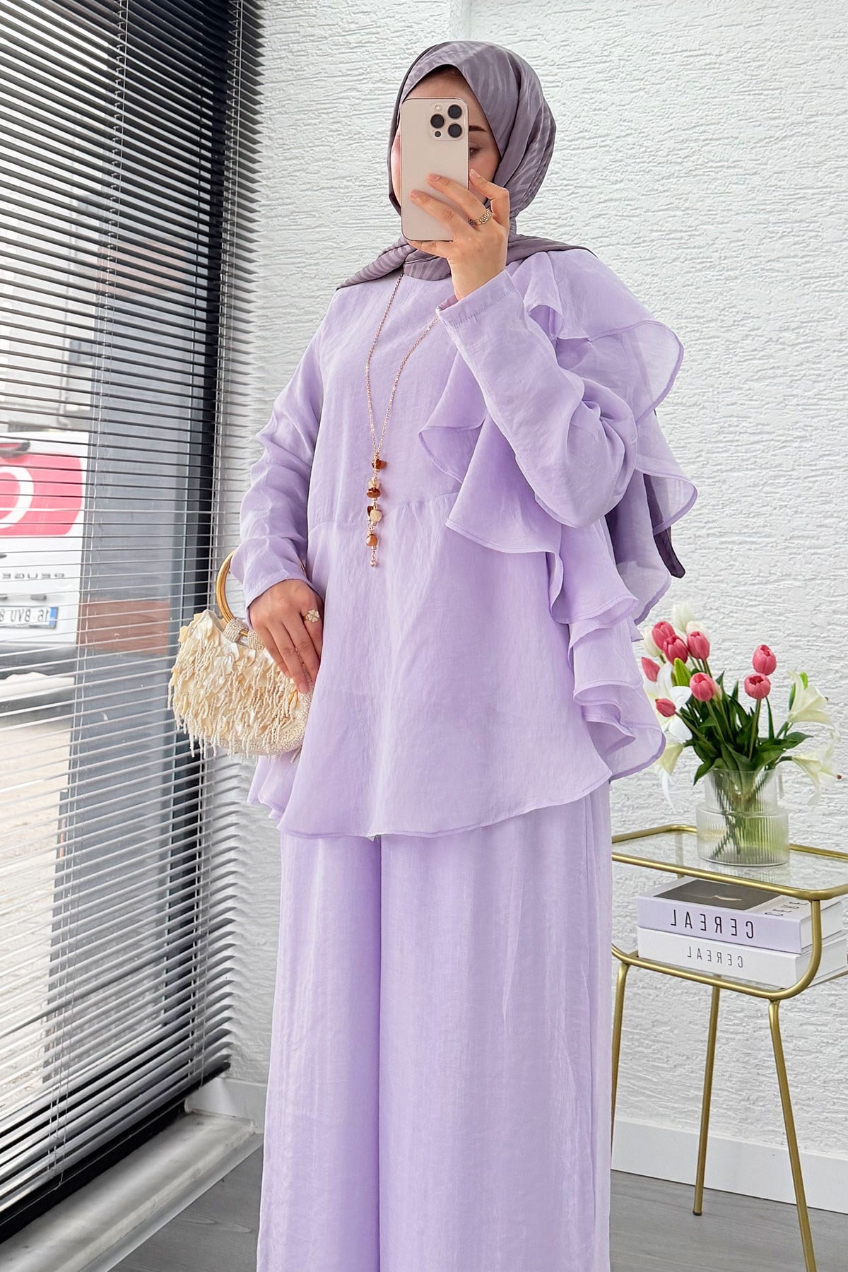 Premium Fırfır Detaylı Vual Pantolon Takım - Lila