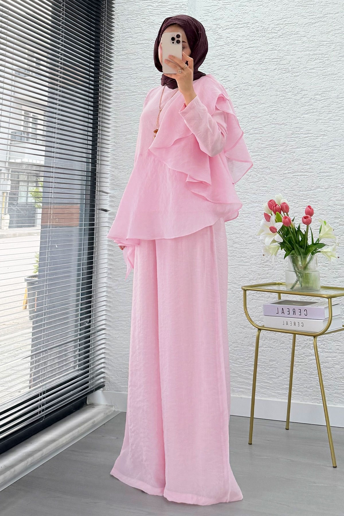 Premium Fırfır Detaylı Vual Pantolon Takım - Pembe