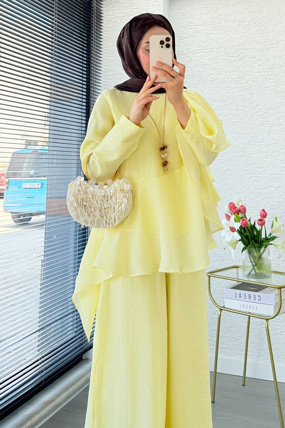 Premium Fırfır Detaylı Vual Pantolon Takım - Sarı