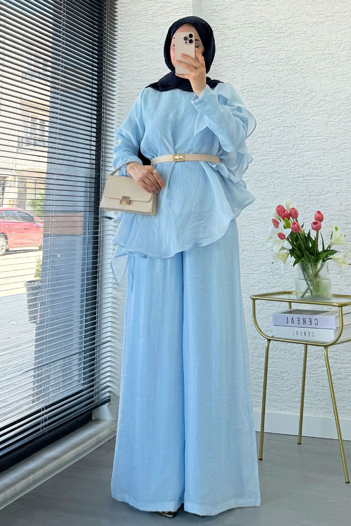 Premium Fırfır Detaylı Vual Pantolon Takım - Mavi