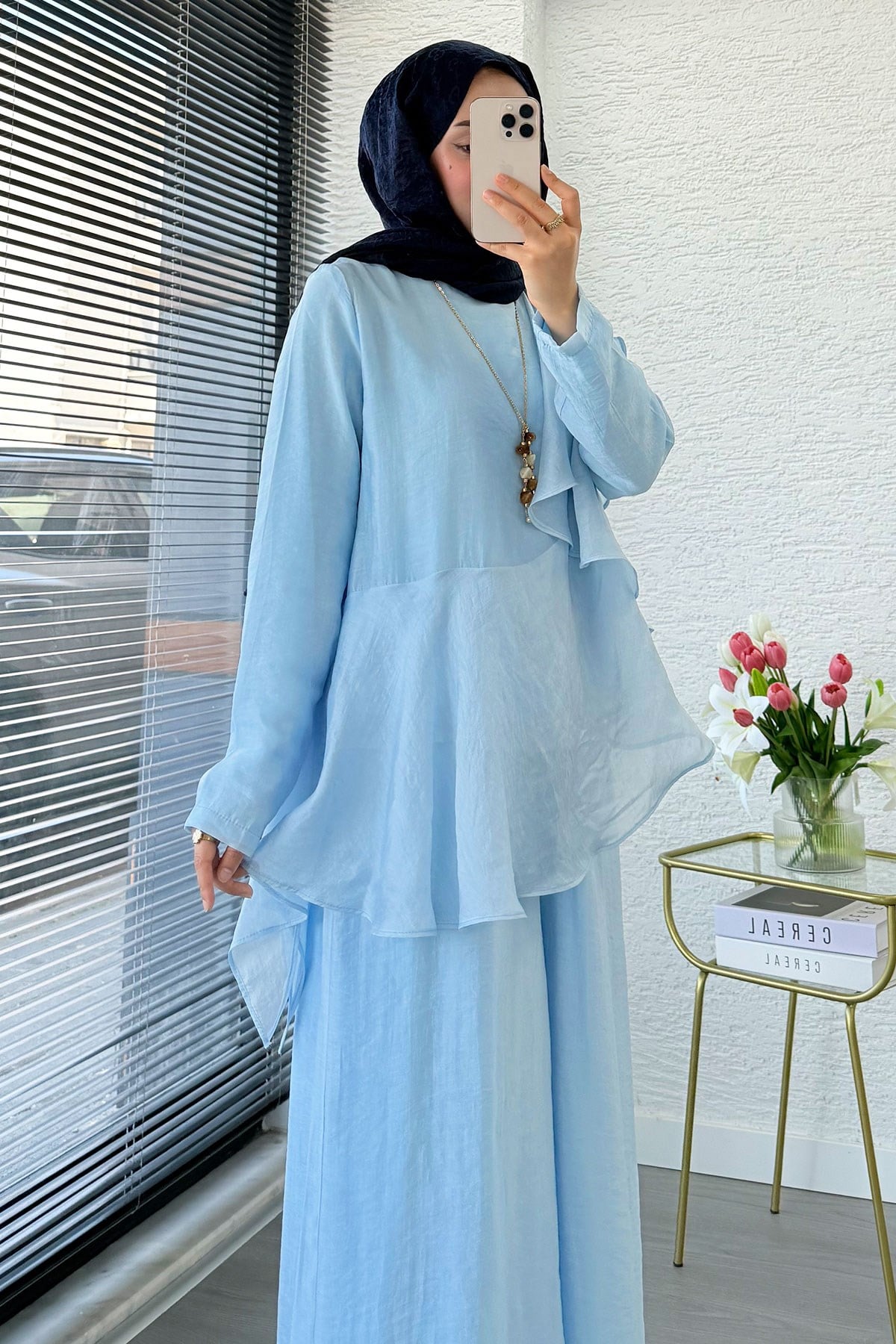 Premium Fırfır Detaylı Vual Pantolon Takım - Mavi