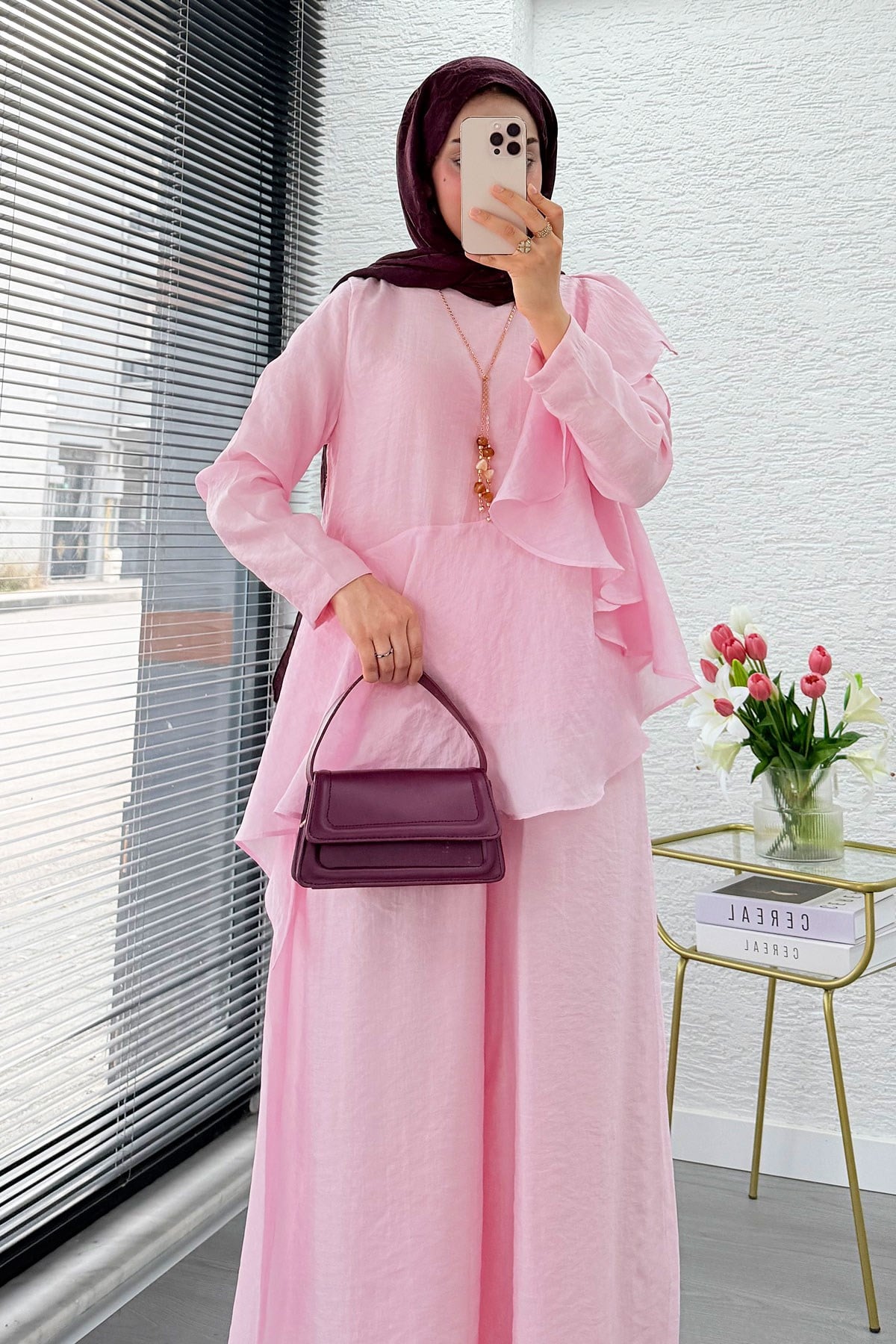 Premium Fırfır Detaylı Vual Pantolon Takım - Pembe