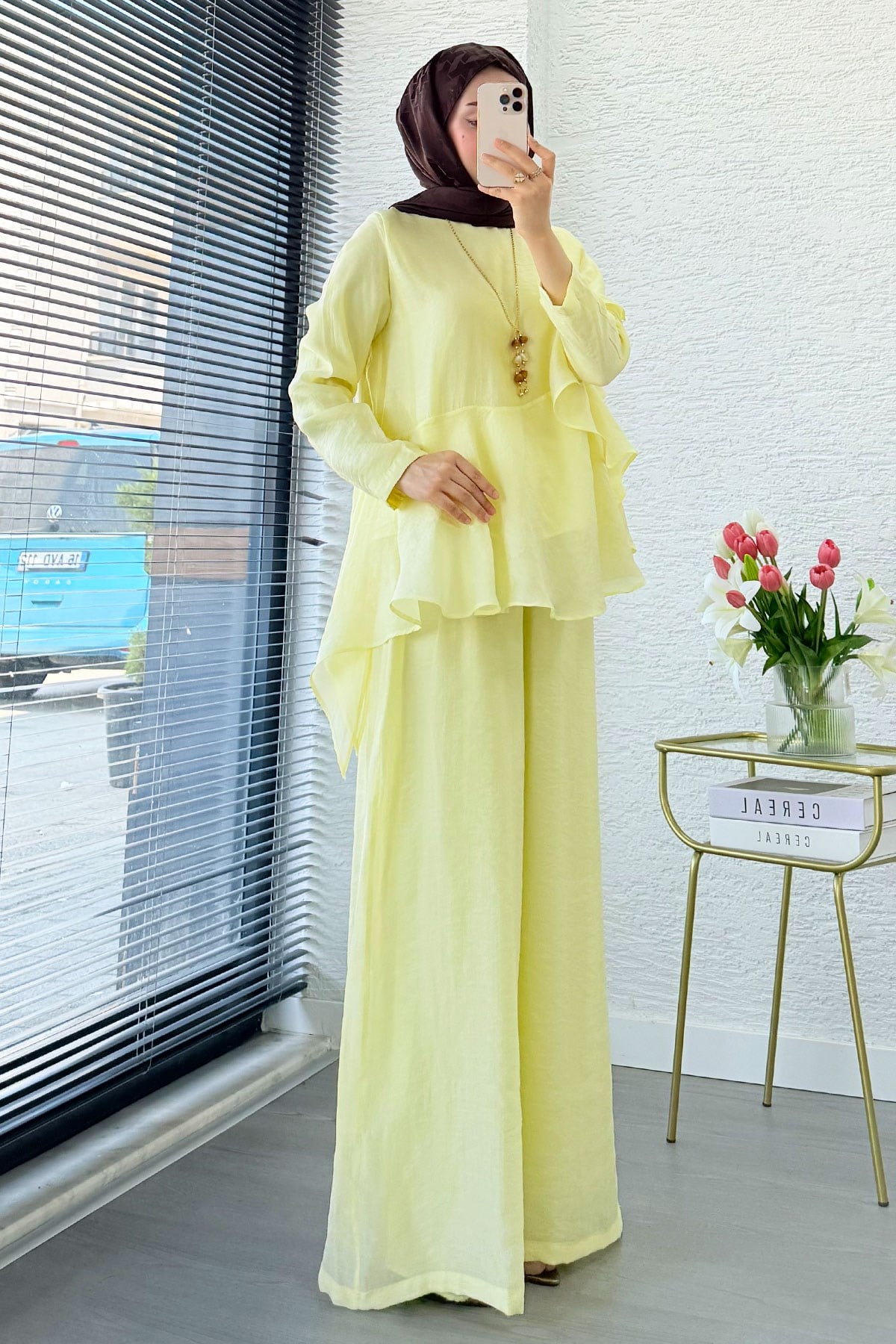 Premium Fırfır Detaylı Vual Pantolon Takım - Sarı