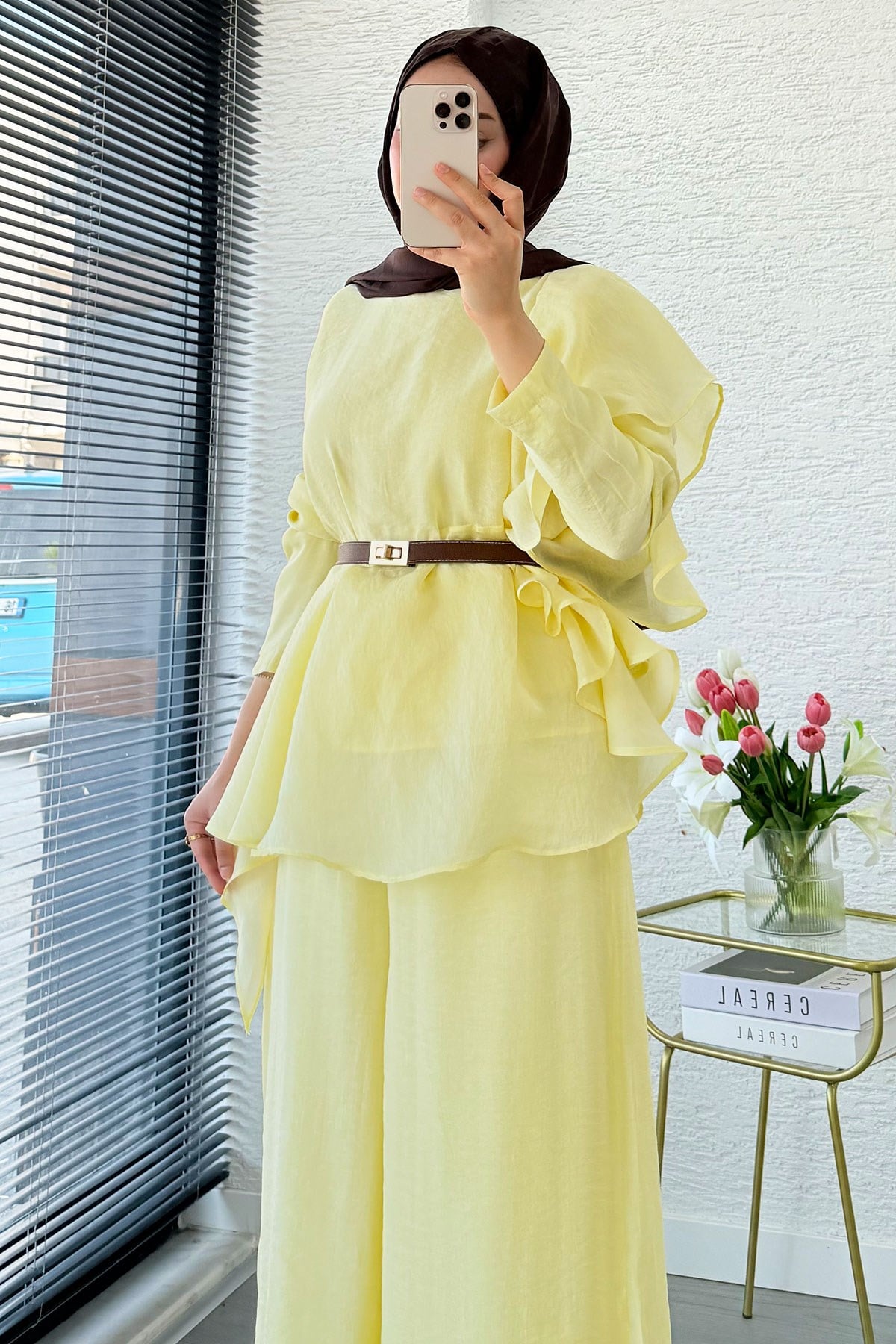 Premium Fırfır Detaylı Vual Pantolon Takım - Sarı