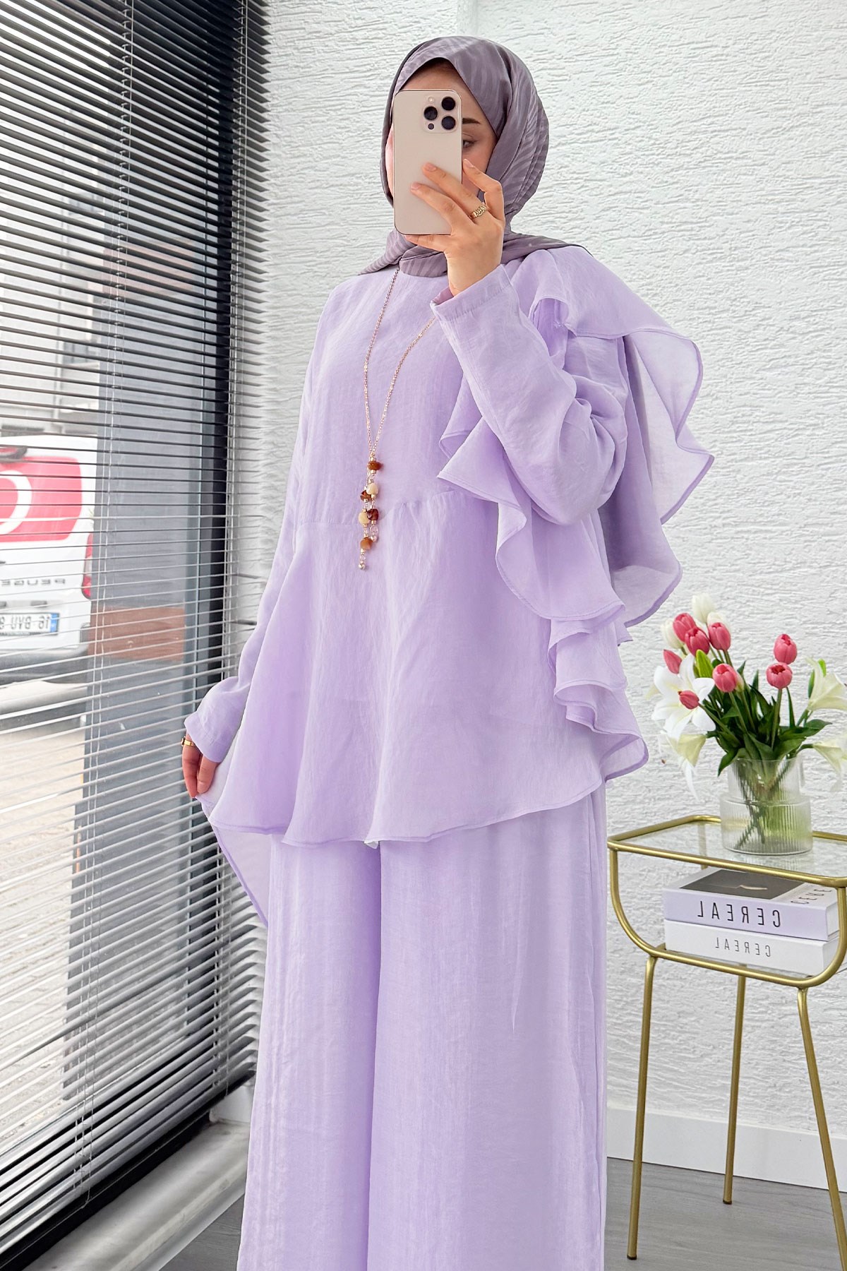 Premium Fırfır Detaylı Vual Pantolon Takım - Lila