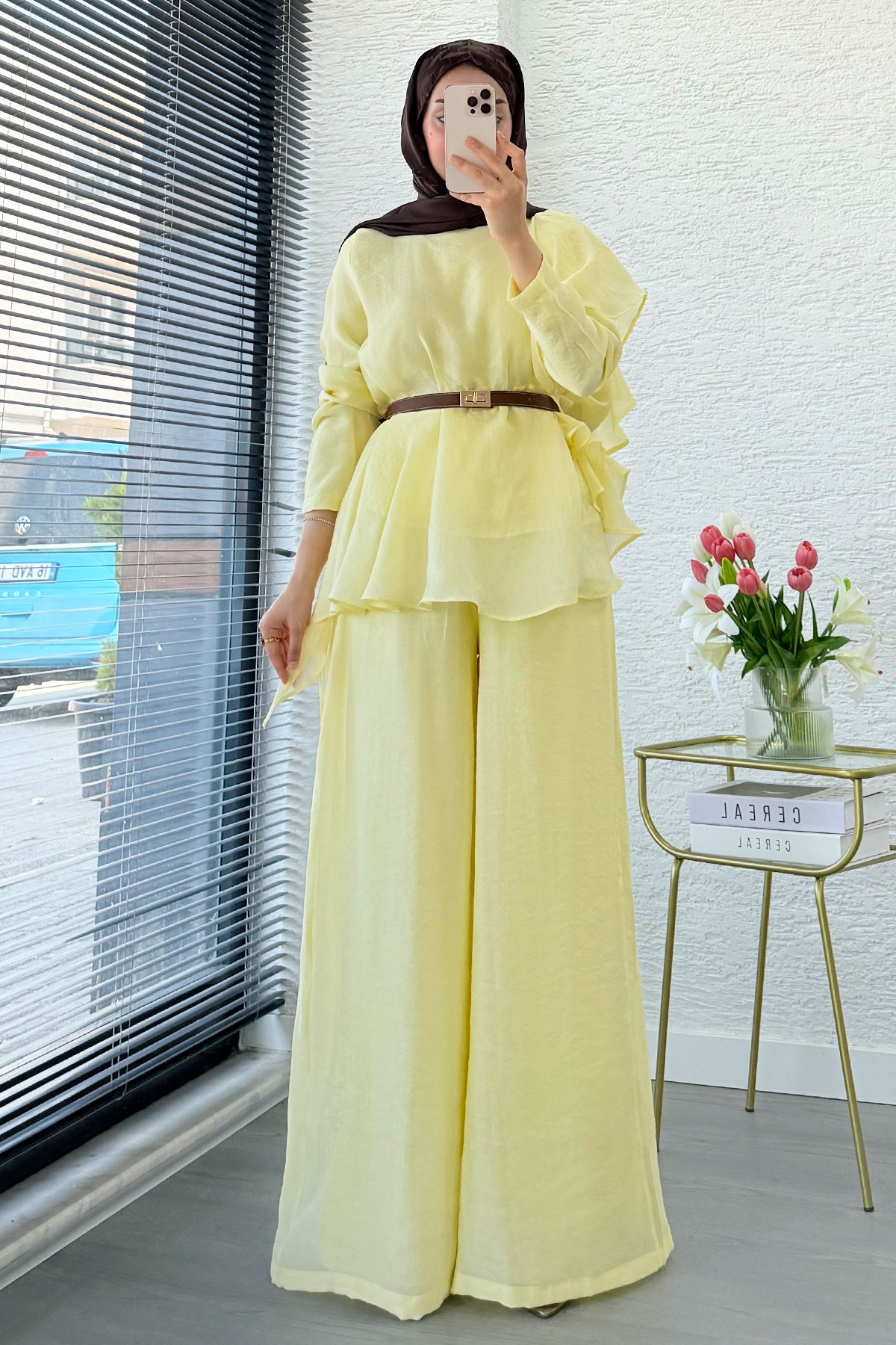 Premium Fırfır Detaylı Vual Pantolon Takım - Sarı