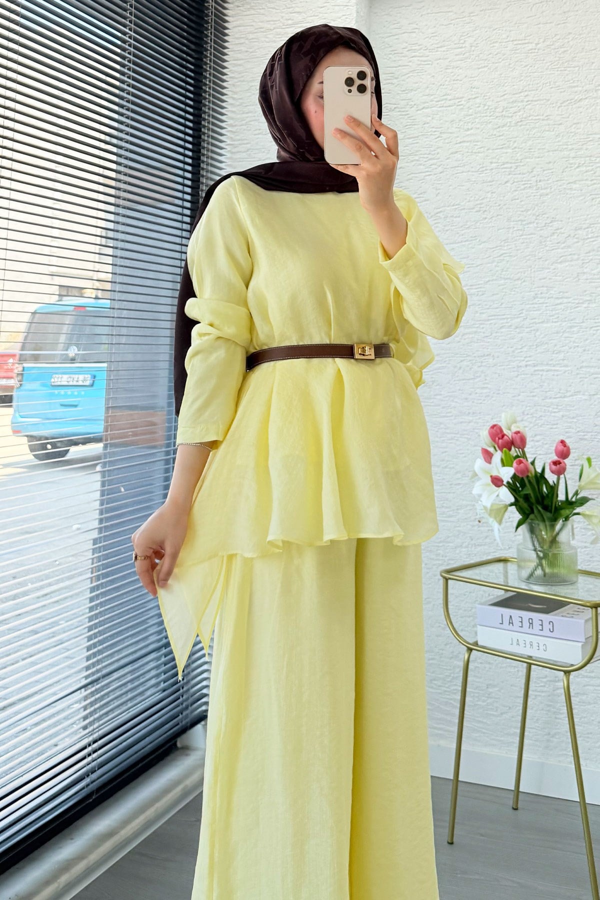 Premium Fırfır Detaylı Vual Pantolon Takım - Sarı