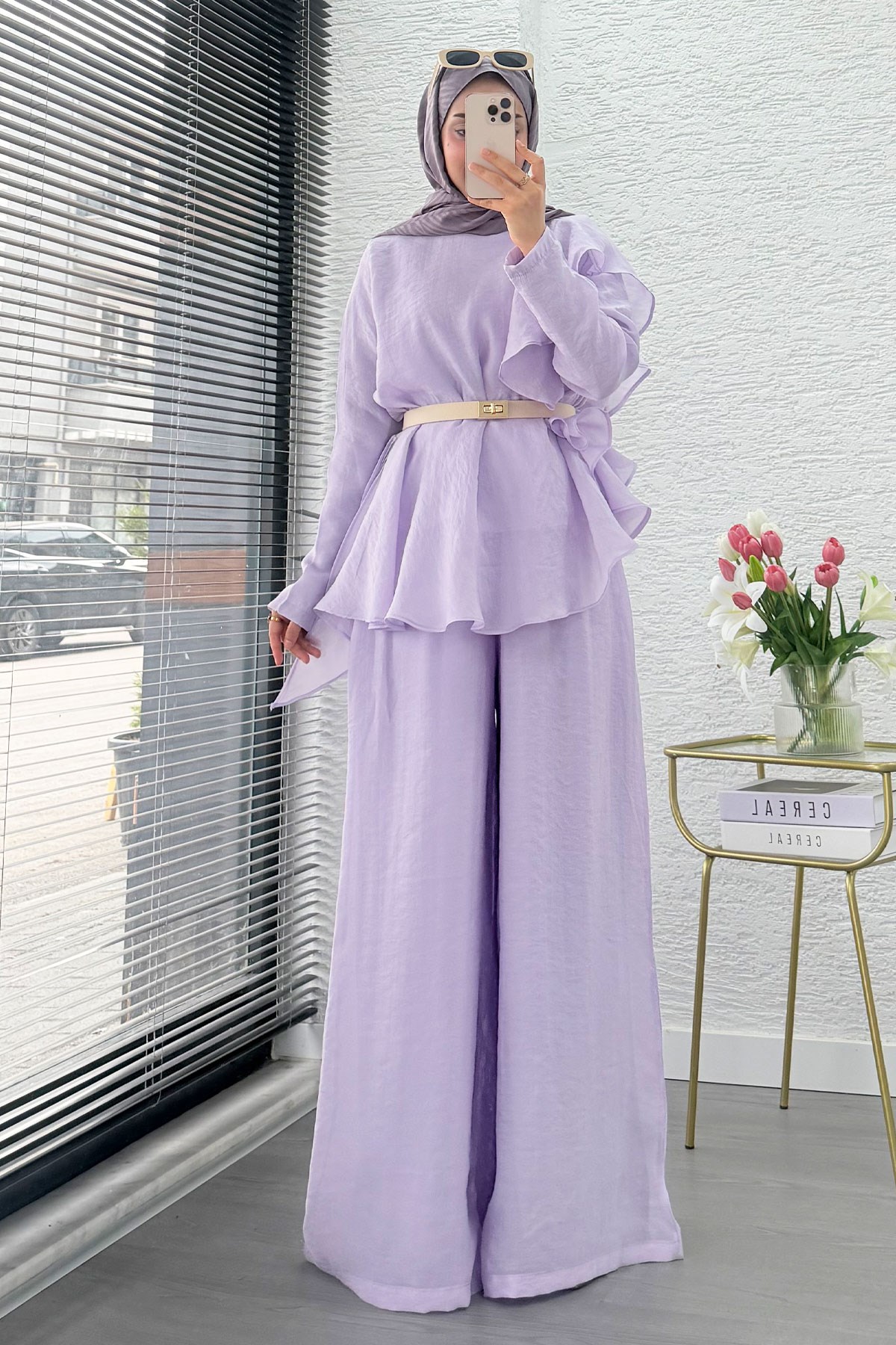 Premium Fırfır Detaylı Vual Pantolon Takım - Lila