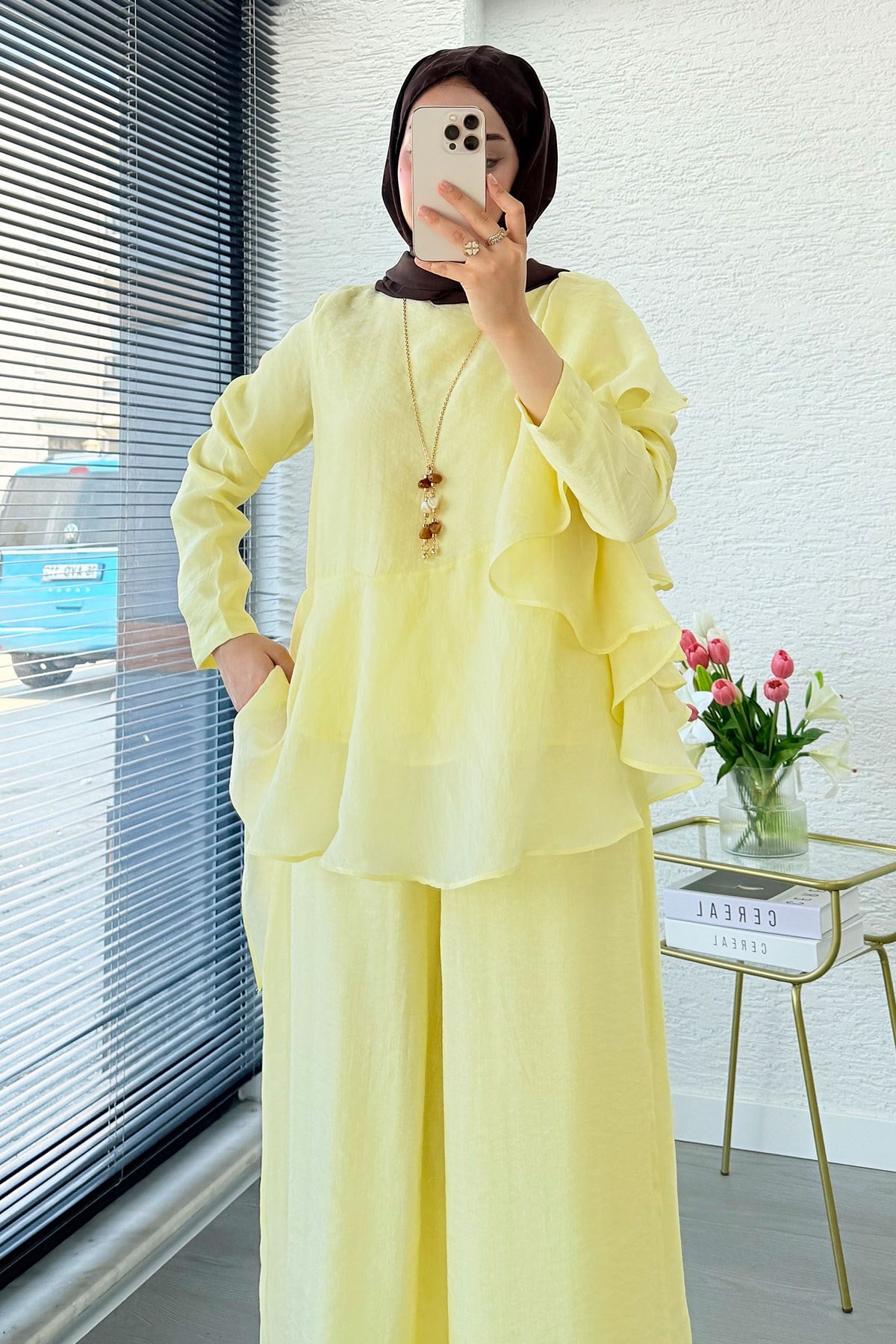Premium Fırfır Detaylı Vual Pantolon Takım - Sarı