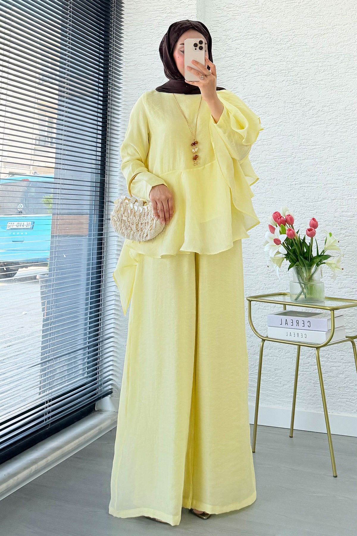 Premium Fırfır Detaylı Vual Pantolon Takım - Sarı