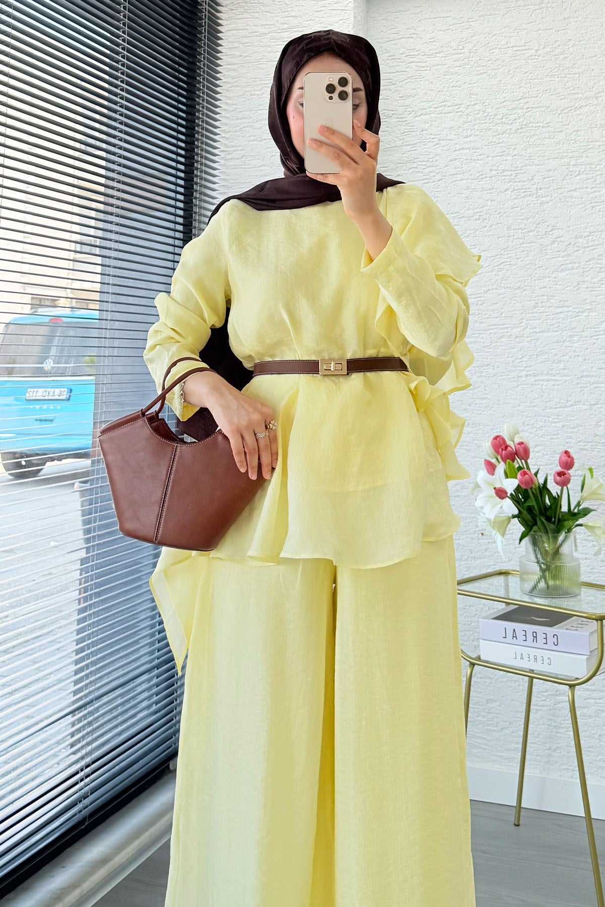 Premium Fırfır Detaylı Vual Pantolon Takım - Sarı