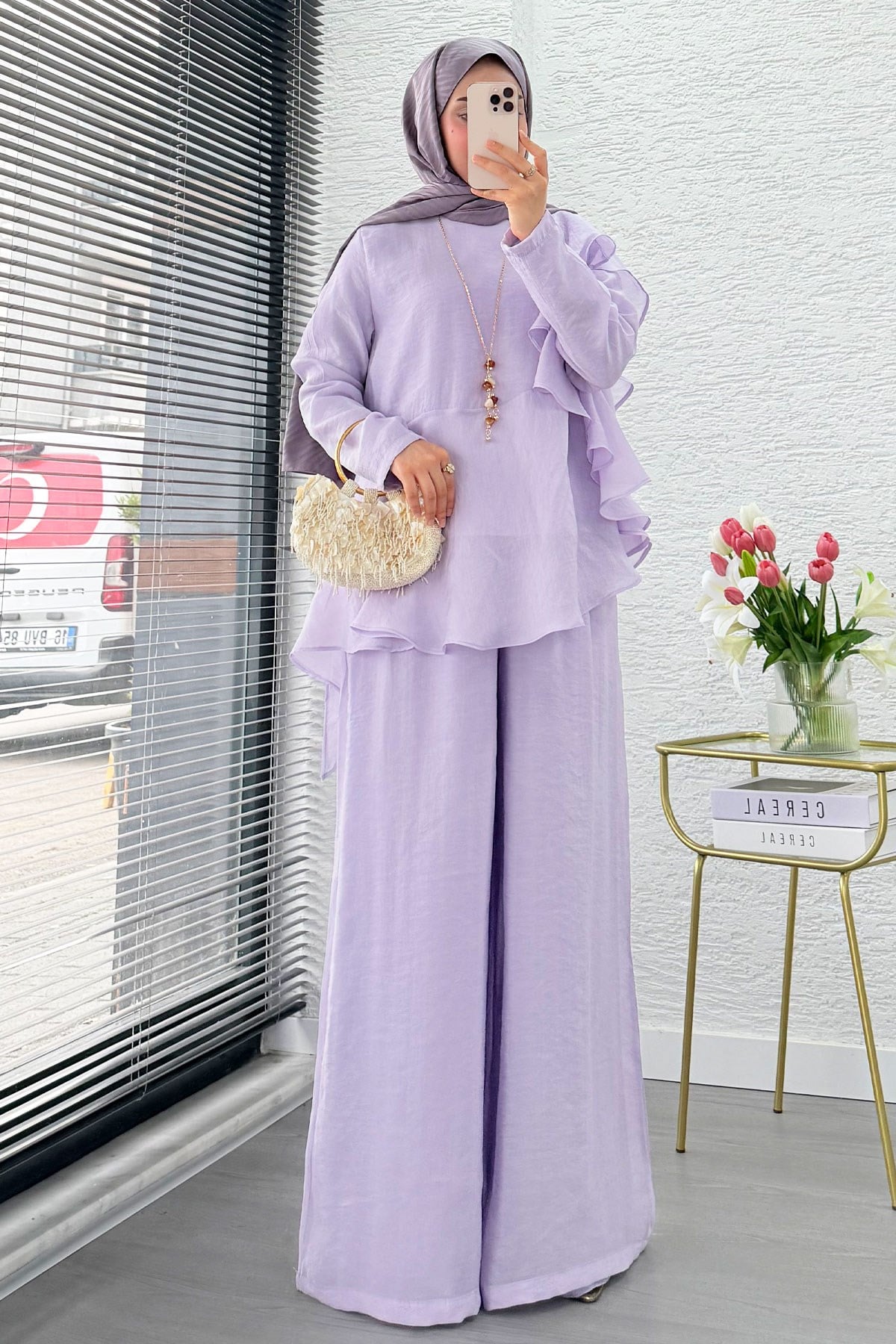 Premium Fırfır Detaylı Vual Pantolon Takım - Lila