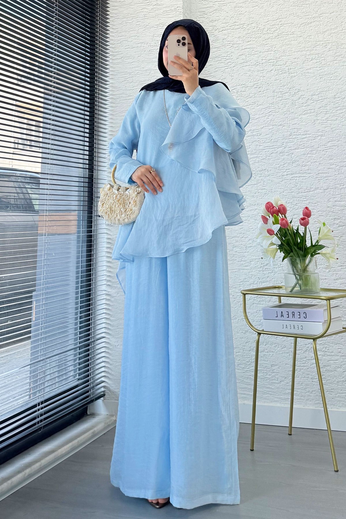Premium Fırfır Detaylı Vual Pantolon Takım - Mavi
