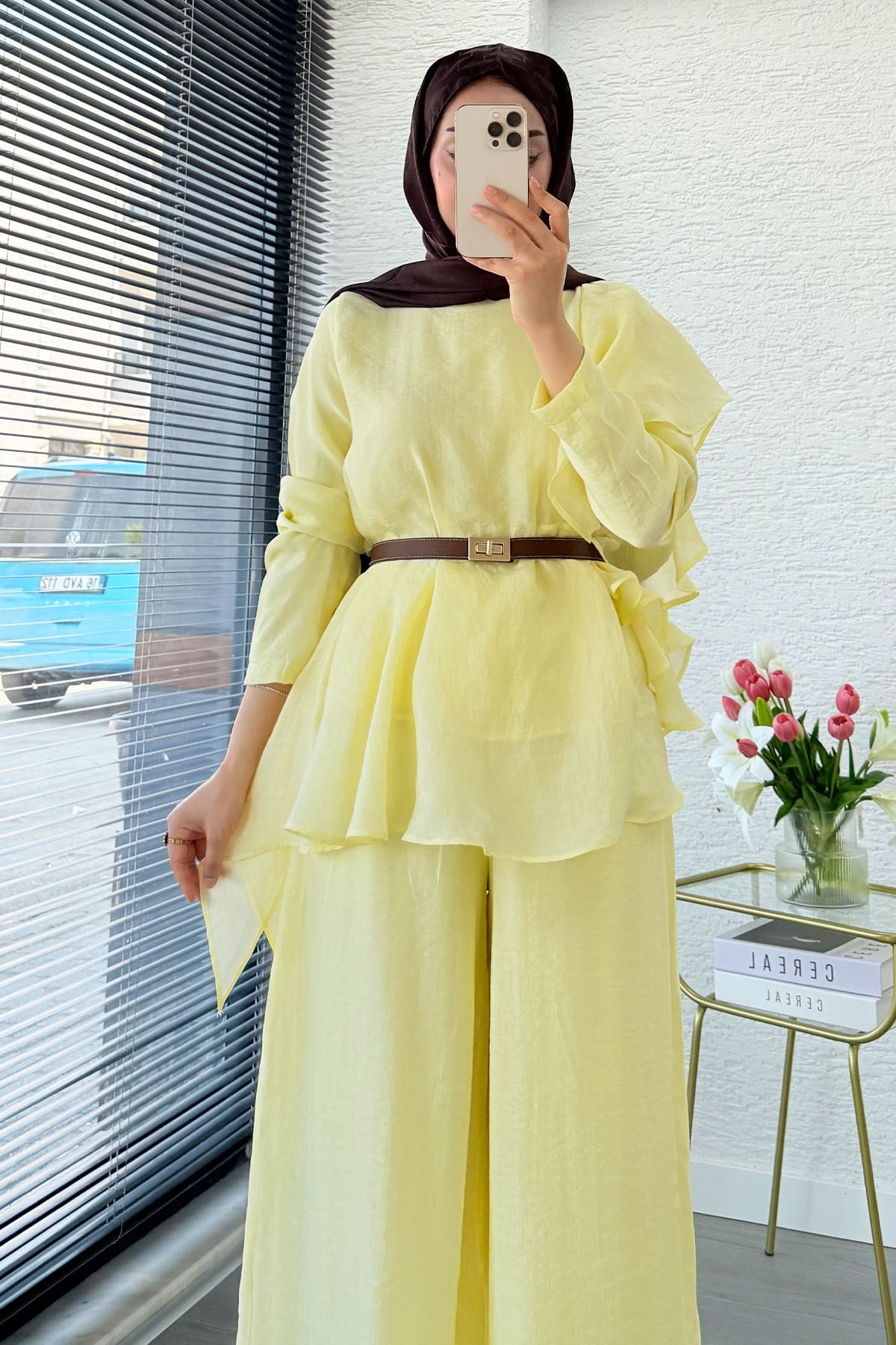 Premium Fırfır Detaylı Vual Pantolon Takım - Sarı