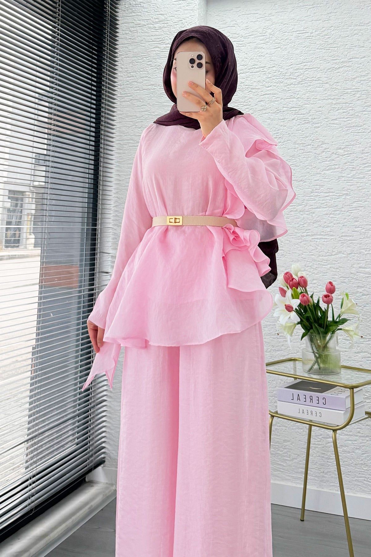 Premium Fırfır Detaylı Vual Pantolon Takım - Pembe