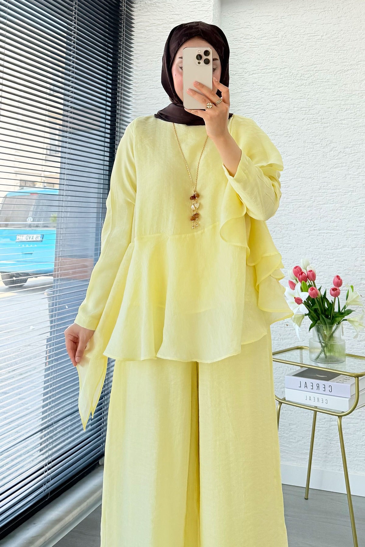 Premium Fırfır Detaylı Vual Pantolon Takım - Sarı