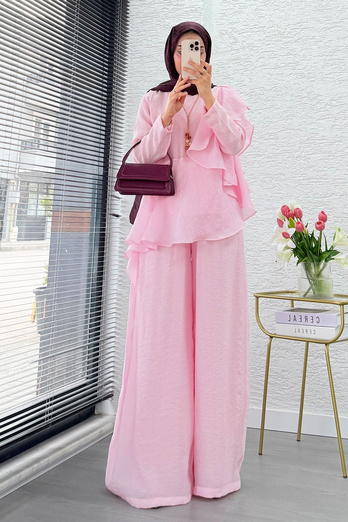 Premium Fırfır Detaylı Vual Pantolon Takım - Pembe