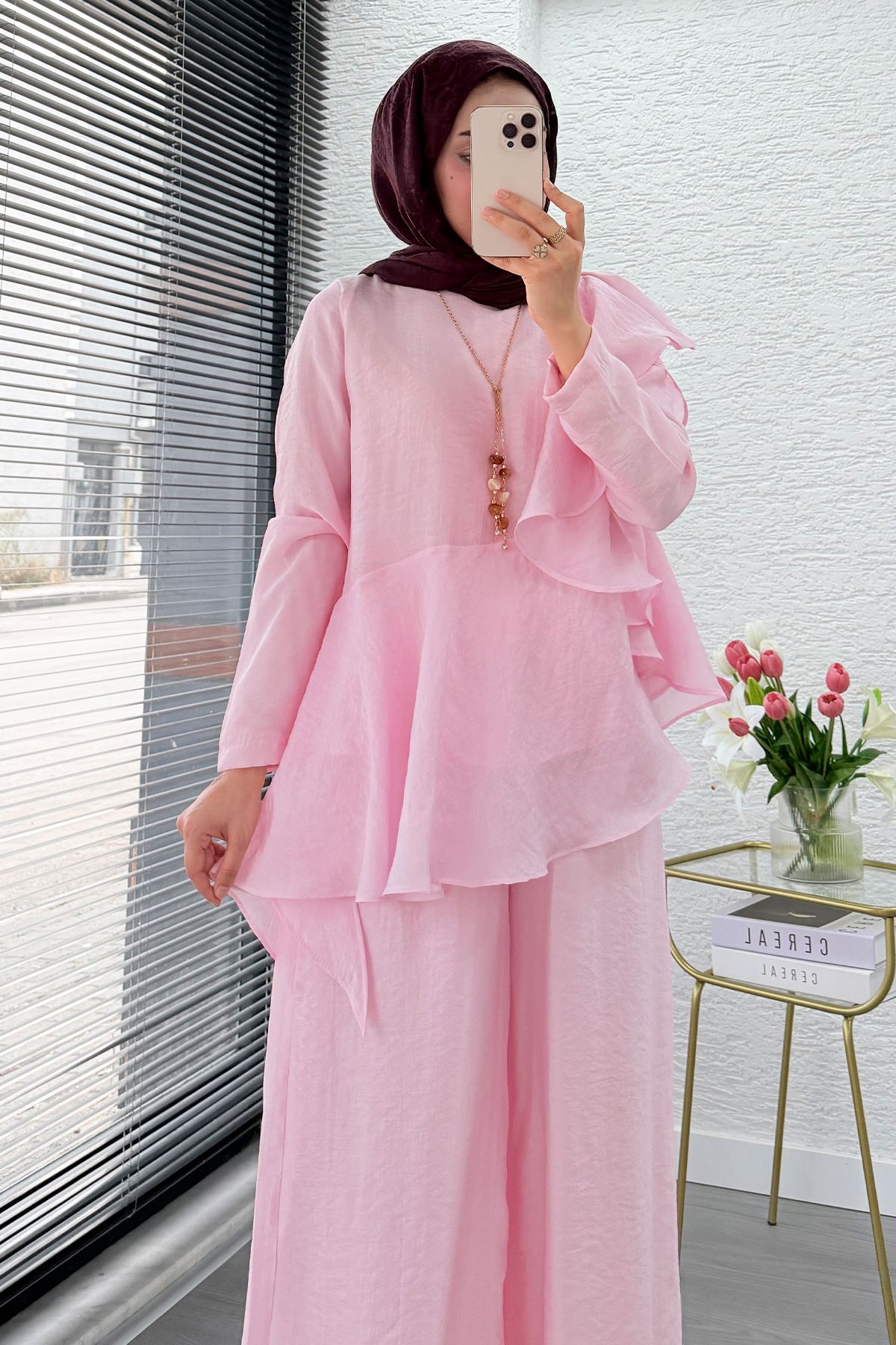 Premium Fırfır Detaylı Vual Pantolon Takım - Pembe