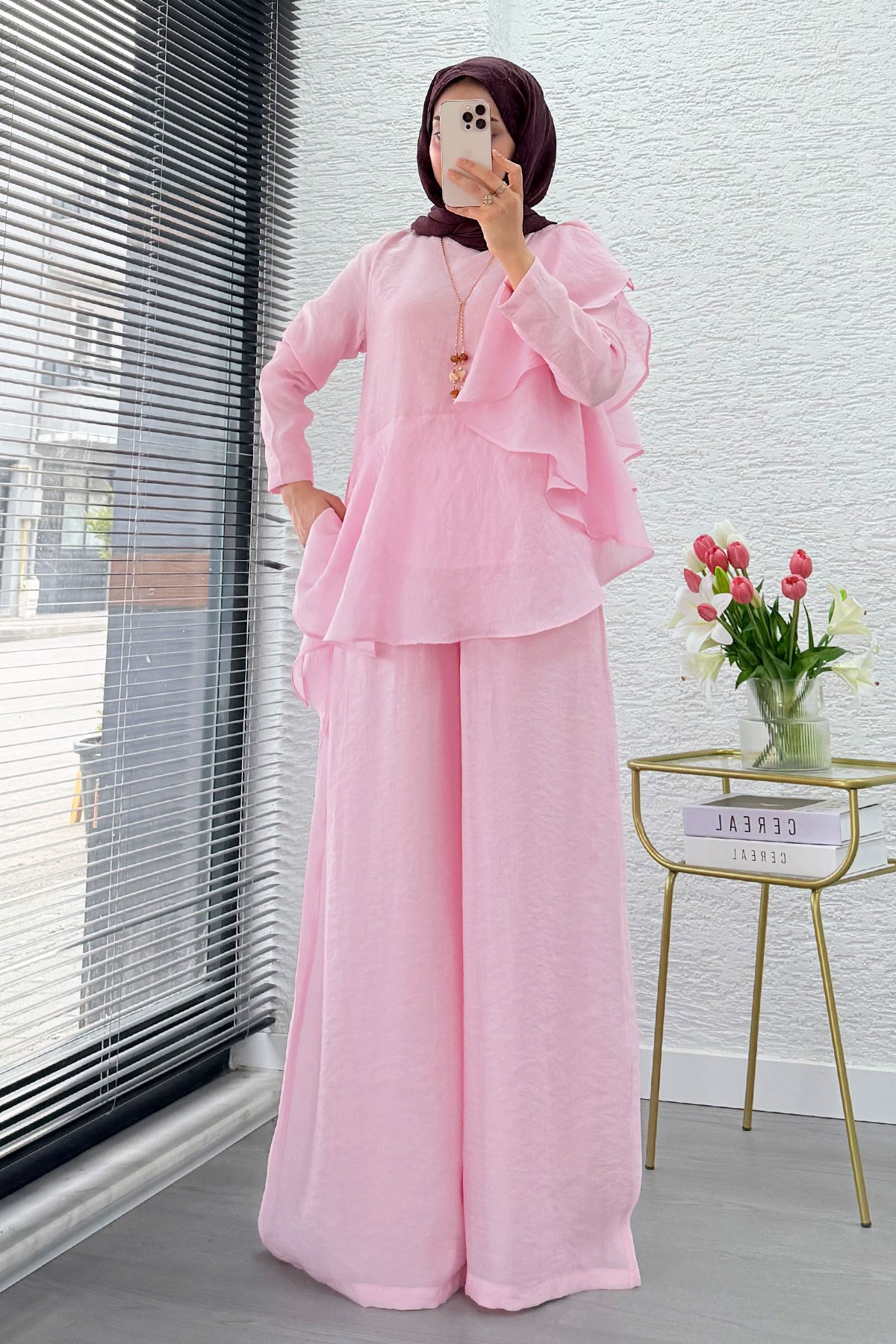 Premium Fırfır Detaylı Vual Pantolon Takım - Pembe