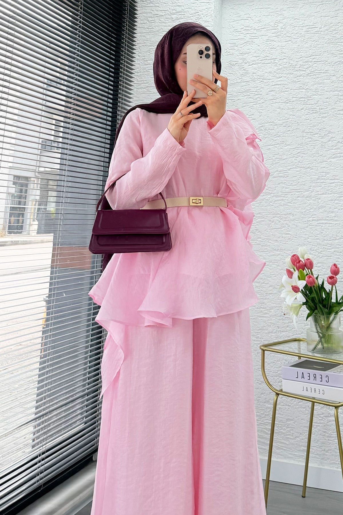 Premium Fırfır Detaylı Vual Pantolon Takım - Pembe