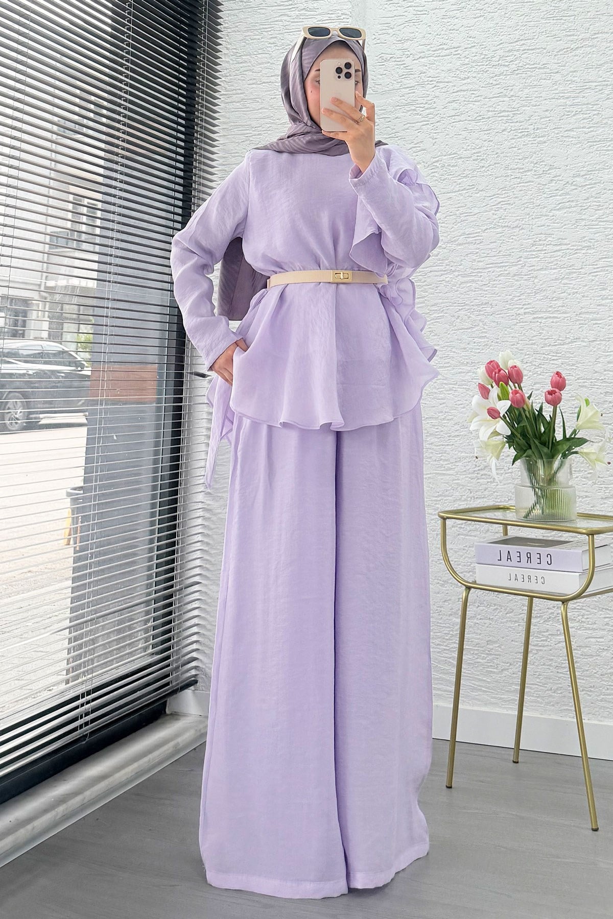 Premium Fırfır Detaylı Vual Pantolon Takım - Lila