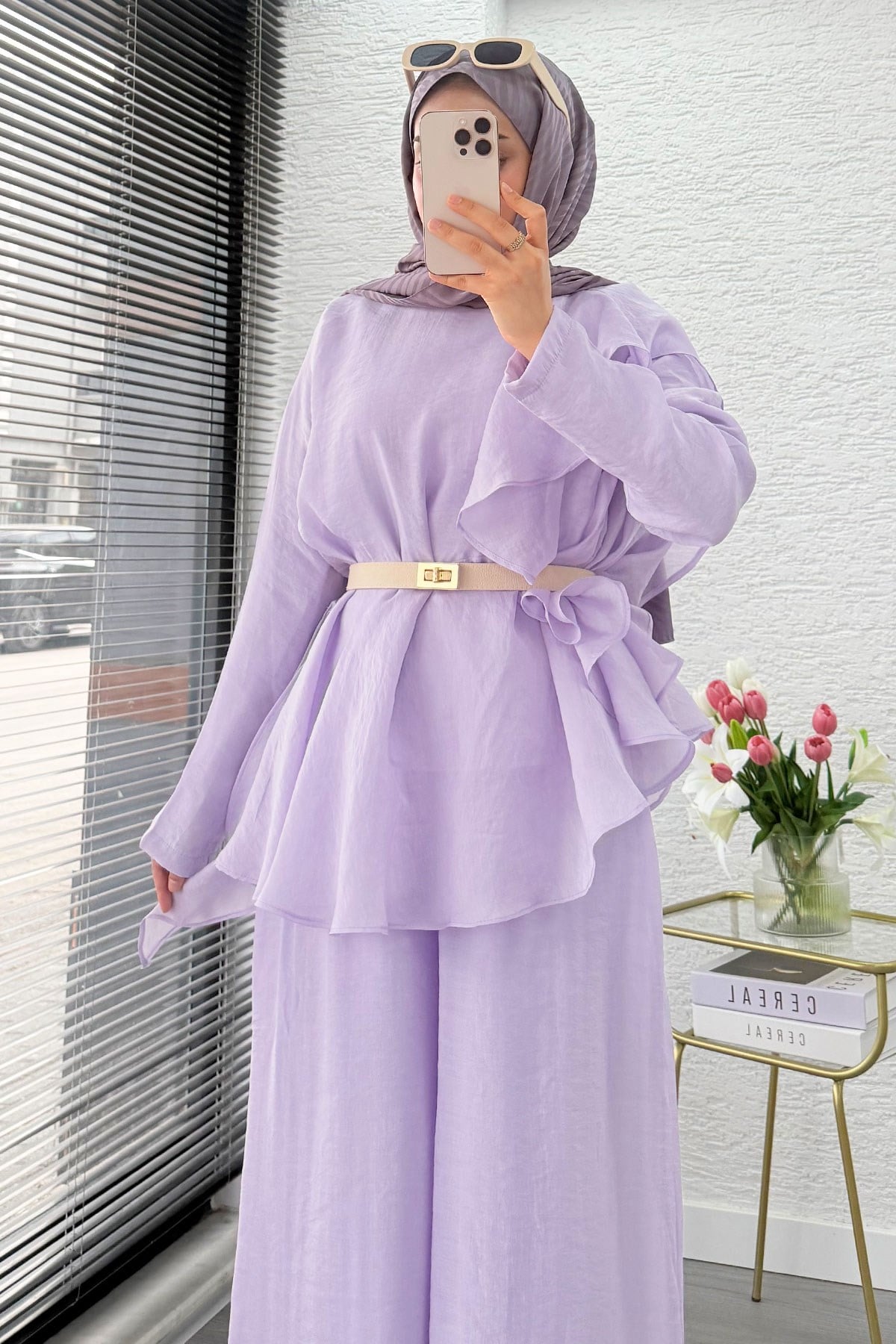 Premium Fırfır Detaylı Vual Pantolon Takım - Lila