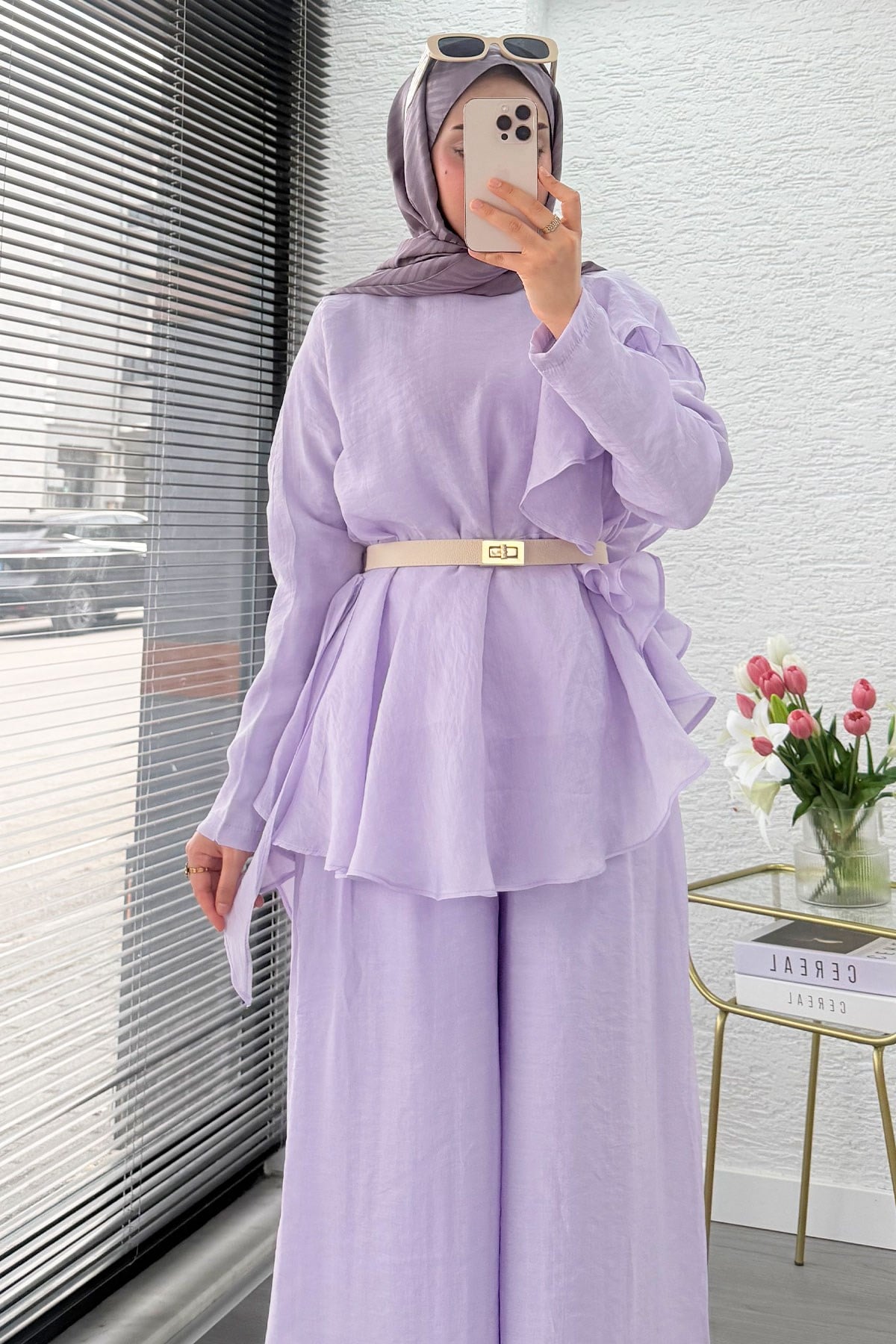 Premium Fırfır Detaylı Vual Pantolon Takım - Lila