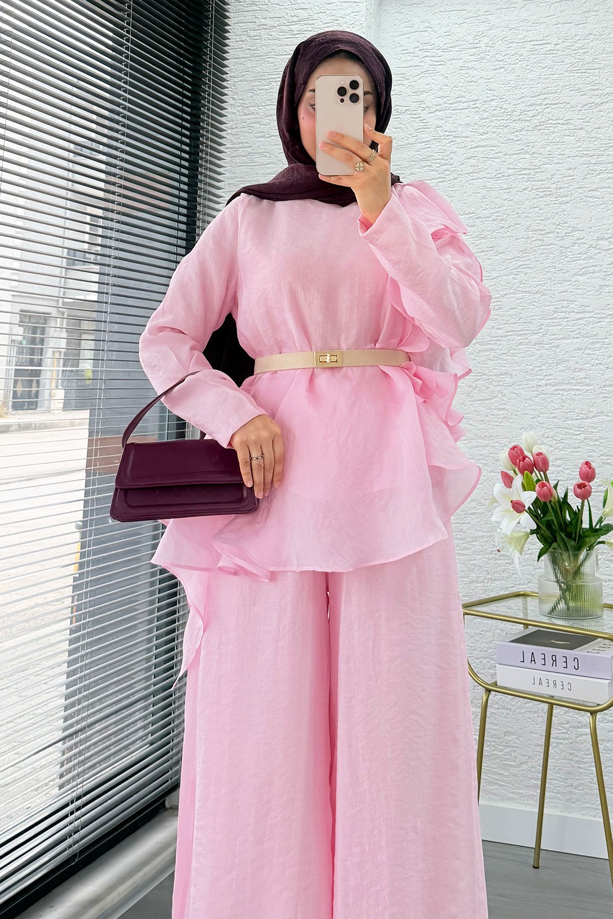 Premium Fırfır Detaylı Vual Pantolon Takım - Pembe