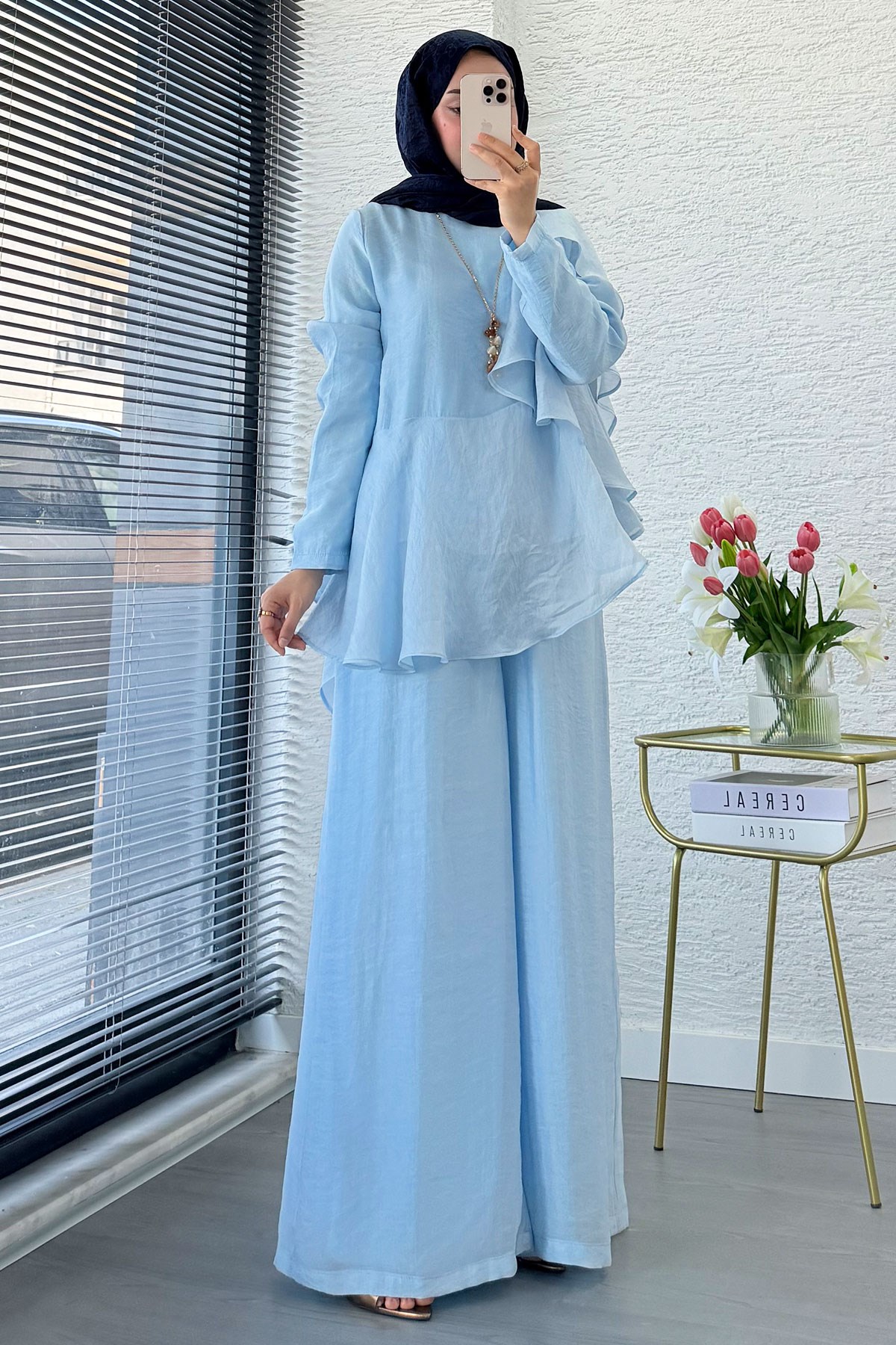 Premium Fırfır Detaylı Vual Pantolon Takım - Mavi