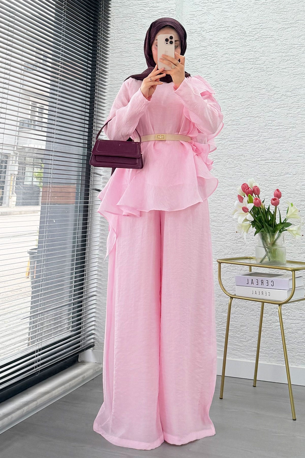 Premium Fırfır Detaylı Vual Pantolon Takım - Pembe