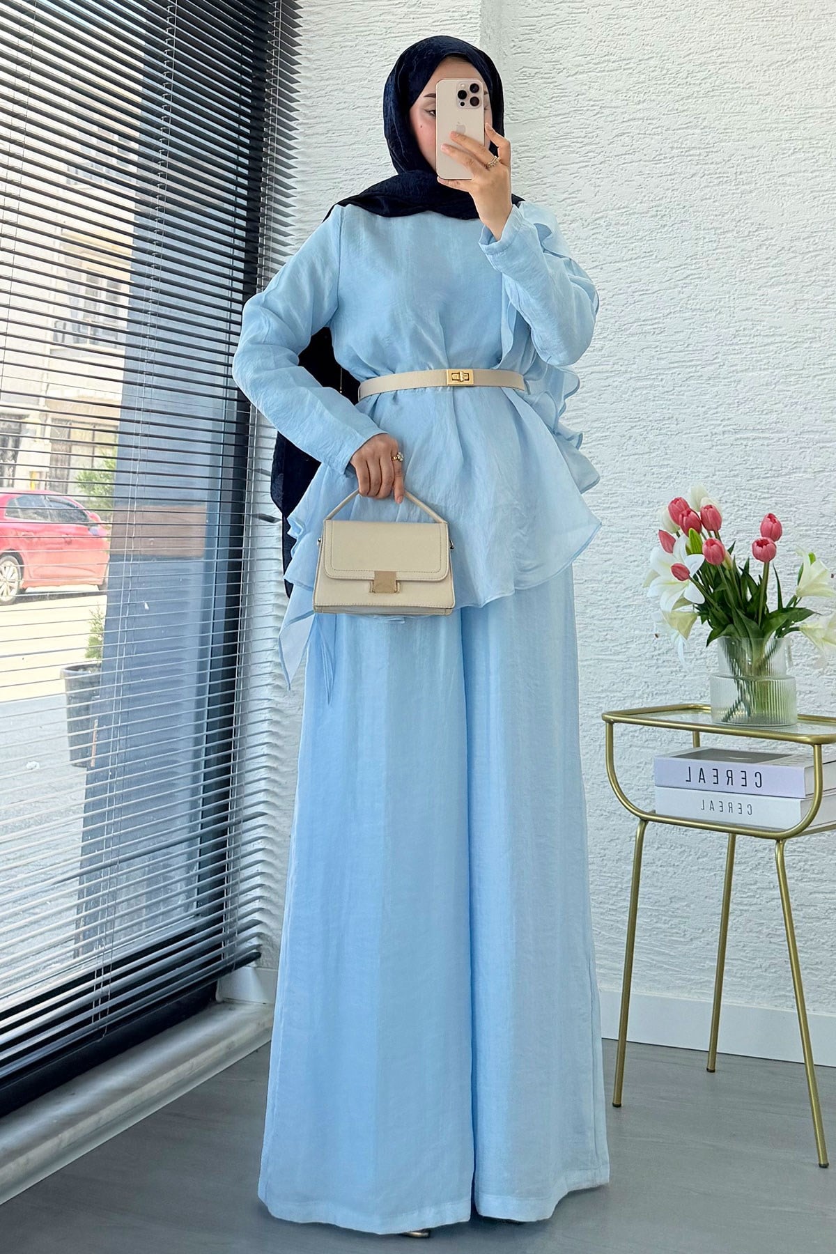 Premium Fırfır Detaylı Vual Pantolon Takım - Mavi