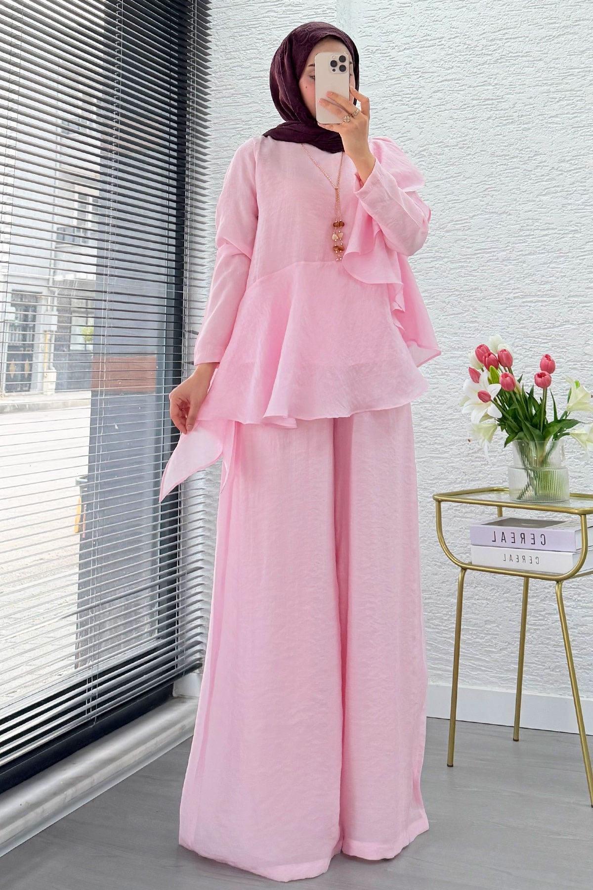 Premium Fırfır Detaylı Vual Pantolon Takım - Pembe