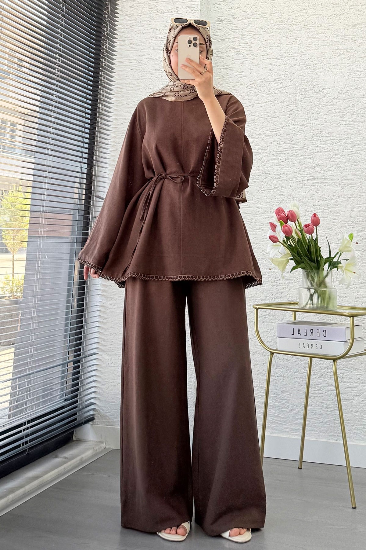Premium Fisto Detaylı Nua Keten Pantolon Takım - Kahverengi