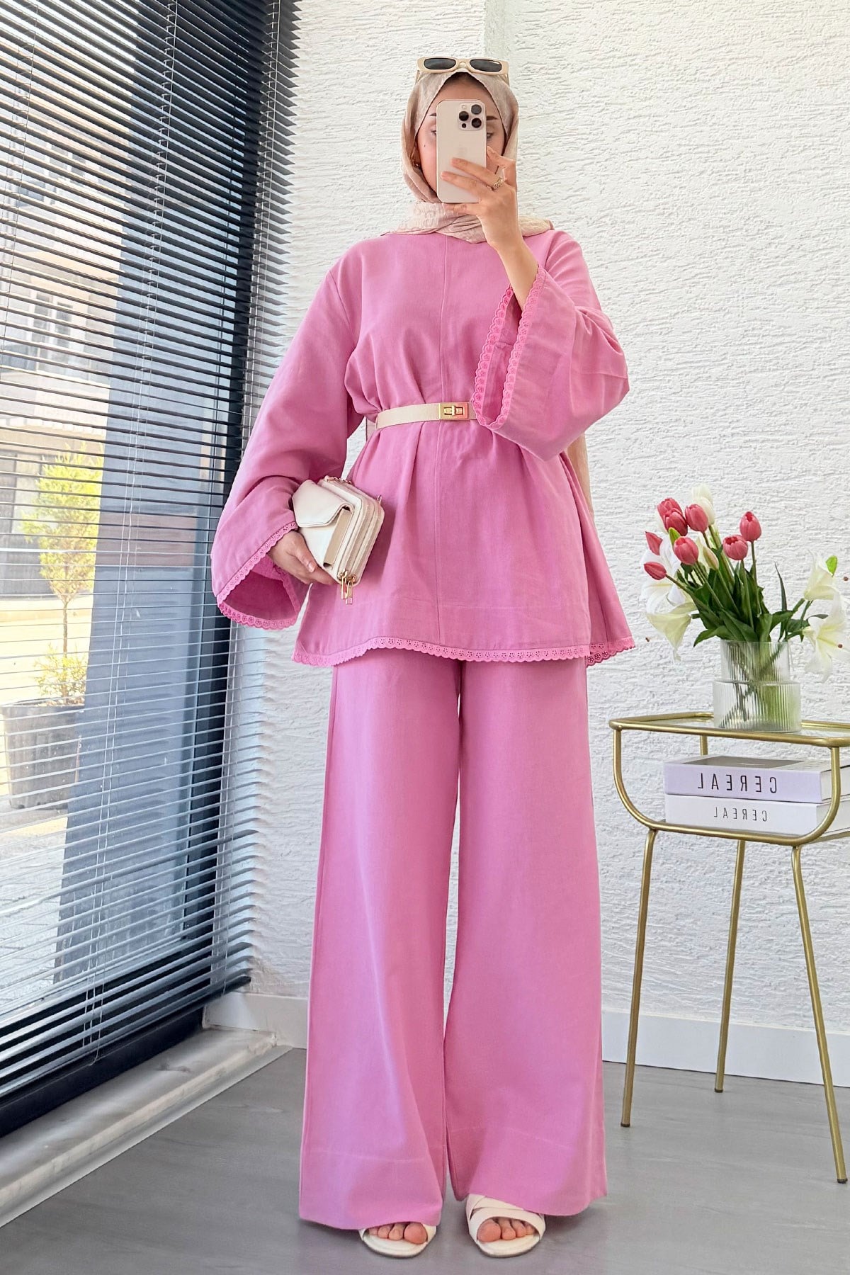 Premium Fisto Detaylı Nua Keten Pantolon Takım - Pembe